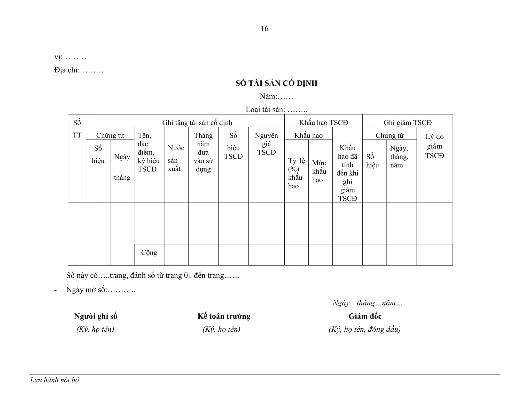 16
Lưu hành nội bộ
vị:………
Địa chỉ:………
SỔ TÀI SẢN CỐ ĐỊNH
Năm:……
Loại tài sản: ……..
Số
TT
Ghi tăng tài sản cố định Khấu hao TSCĐ Ghi giảm TSCĐ
Chứng từ Tên,
đặc
điểm,
ký hiệu
TSCĐ
Nƣớc
sản
xuất
Tháng
năm
đƣa
vào sử
dụng
Số
hiệu
TSCĐ
Nguyên
giá
TSCĐ
Khấu hao
Khấu
hao đã
tính
đến khi
ghi
giảm
TSCĐ
Chứng từ Lyù do
giaûm
TSCÑ
Số
hiệu
N
Ngày
t
tháng
Tỷ lệ
(%)
khấu
hao
Mức
khấu
hao
S
Số
hiệu
Ngày,
tháng,
năm
2
Cộng
- Sổ này có…..trang, đánh số từ trang 01 đến trang……
- Ngày mở sổ:………..
Ngày…tháng…năm…
Ngƣời ghi sổ Kế toán trƣởng Giám đốc
(Ký, họ tên) (Ký, họ tên) (Ký, họ tên, đóng dấu)
 