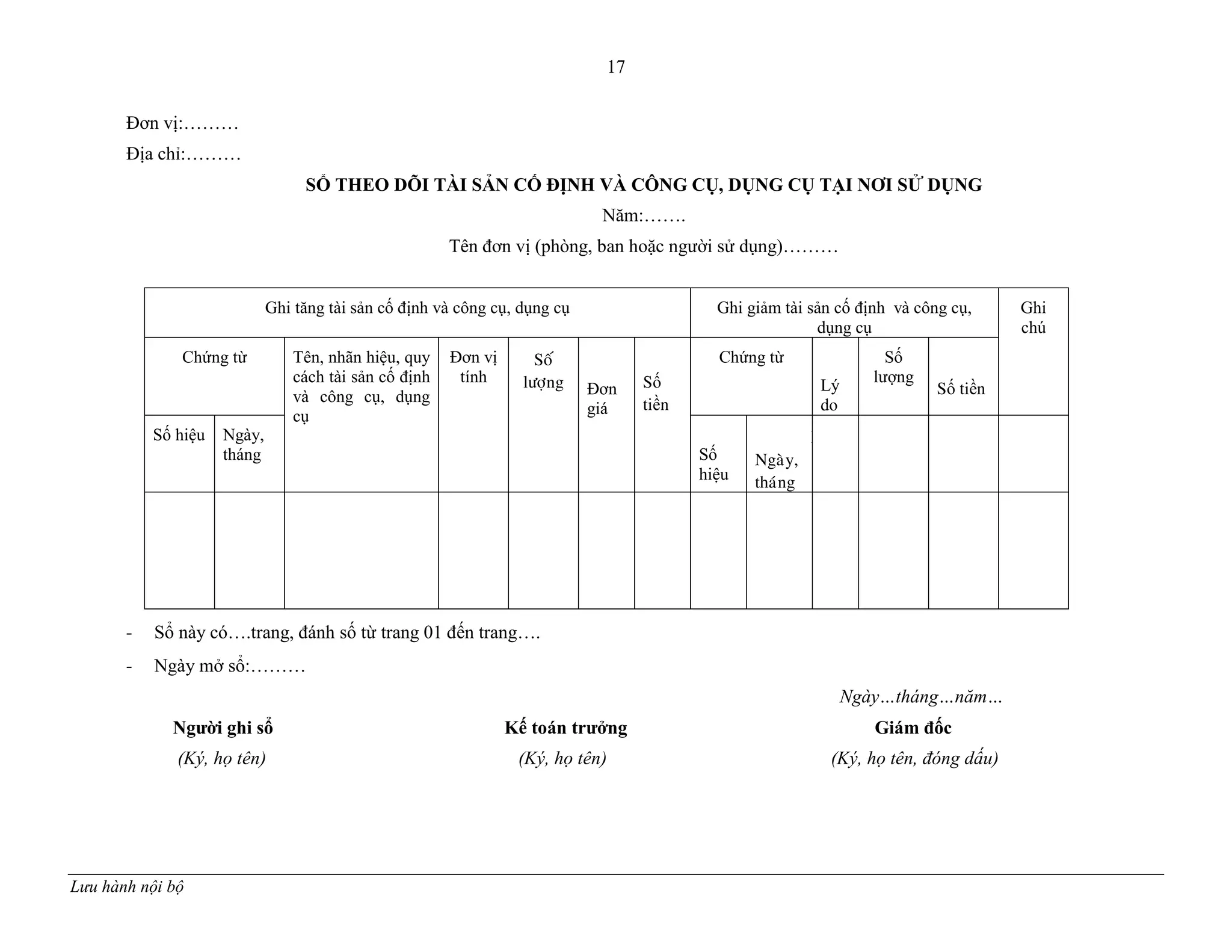 17
Lưu hành nội bộ
Đơn vị:………
Địa chỉ:………
SỔ THEO DÕI TÀI SẢN CỐ ĐỊNH VÀ CÔNG CỤ, DỤNG CỤ TẠI NƠI SỬ DỤNG
Năm:…….
Tên đơn vị (phòng, ban hoặc ngƣời sử dụng)………
Ghi tăng tài sản cố định và công cụ, dụng cụ Ghi giảm tài sản cố định và công cụ,
dụng cụ
Ghi
chú
Chứng từ Tên, nhãn hiệu, quy
cách tài sản cố định
và công cụ, dụng
cụ
Đơn vị
tính
Soá
löôïng Đơn
giá
S
Số
tiền
Chứng từ
Lý
do
Số
lƣợng
Số tiền
Số hiệu Ngày,
tháng
S
Số
hiệu
N
Ngaøy,
thaùng
- Sổ này có….trang, đánh số từ trang 01 đến trang….
- Ngày mở sổ:………
Ngày…tháng…năm…
Ngƣời ghi sổ Kế toán trƣởng Giám đốc
(Ký, họ tên) (Ký, họ tên) (Ký, họ tên, đóng dấu)
 