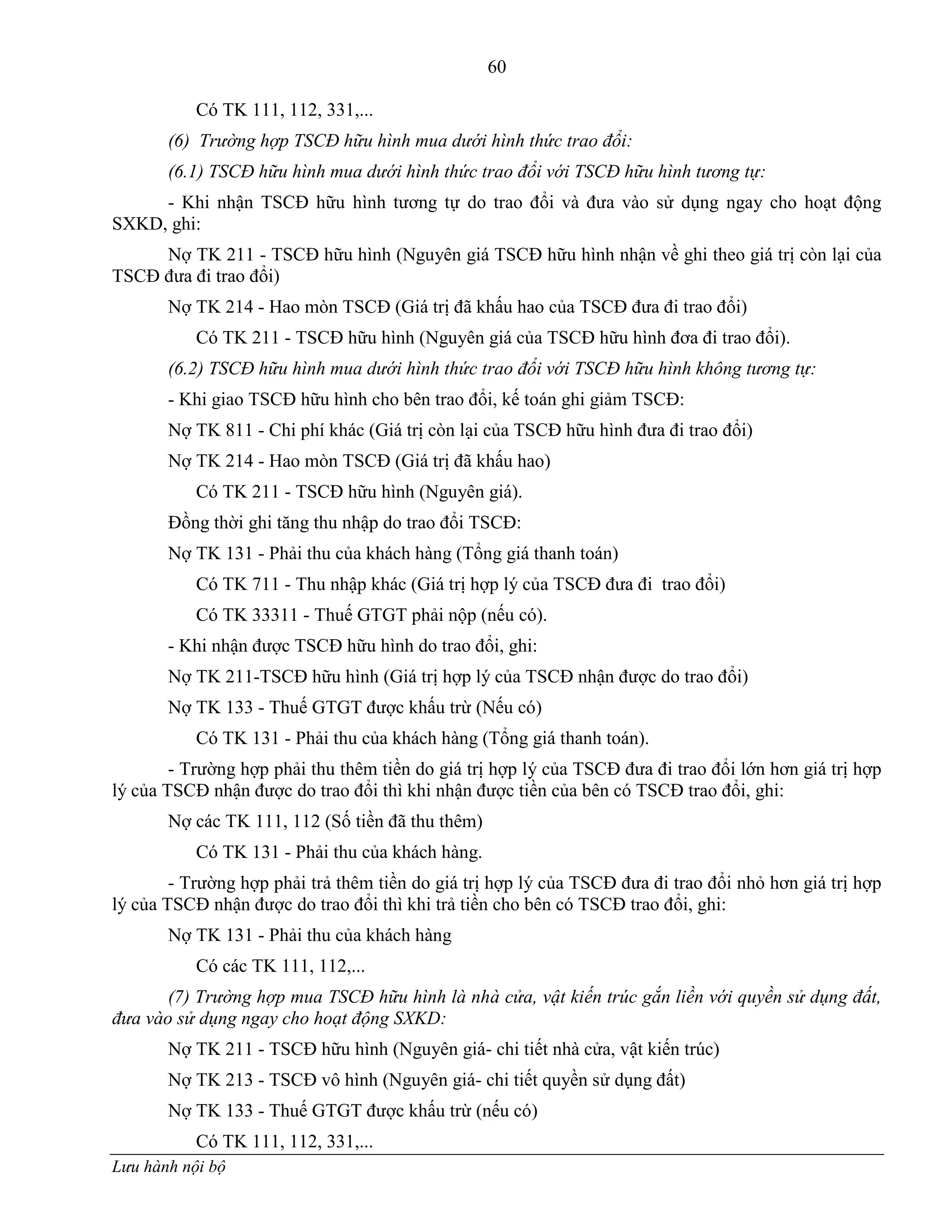 60
Lưu hành nội bộ
Có TK 111, 112, 331,...
(6) Trường hợp TSCĐ hữu hình mua dưới hình thức trao đổi:
(6.1) TSCĐ hữu hình mua dưới hình thức trao đổi với TSCĐ hữu hình tương tự:
- Khi nhận TSCĐ hữu hình tƣơng tự do trao đổi và đƣa vào sử dụng ngay cho hoạt động
SXKD, ghi:
Nợ TK 211 - TSCĐ hữu hình (Nguyên giá TSCĐ hữu hình nhận về ghi theo giá trị còn lại của
TSCĐ đƣa đi trao đổi)
Nợ TK 214 - Hao mòn TSCĐ (Giá trị đã khấu hao của TSCĐ đƣa đi trao đổi)
Có TK 211 - TSCĐ hữu hình (Nguyên giá của TSCĐ hữu hình đơa đi trao đổi).
(6.2) TSCĐ hữu hình mua dưới hình thức trao đổi với TSCĐ hữu hình không tương tự:
- Khi giao TSCĐ hữu hình cho bên trao đổi, kế toán ghi giảm TSCĐ:
Nợ TK 811 - Chi phí khác (Giá trị còn lại của TSCĐ hữu hình đƣa đi trao đổi)
Nợ TK 214 - Hao mòn TSCĐ (Giá trị đã khấu hao)
Có TK 211 - TSCĐ hữu hình (Nguyên giá).
Đồng thời ghi tăng thu nhập do trao đổi TSCĐ:
Nợ TK 131 - Phải thu của khách hàng (Tổng giá thanh toán)
Có TK 711 - Thu nhập khác (Giá trị hợp lý của TSCĐ đƣa đi trao đổi)
Có TK 33311 - Thuế GTGT phải nộp (nếu có).
- Khi nhận đƣợc TSCĐ hữu hình do trao đổi, ghi:
Nợ TK 211-TSCĐ hữu hình (Giá trị hợp lý của TSCĐ nhận đƣợc do trao đổi)
Nợ TK 133 - Thuế GTGT đƣợc khấu trừ (Nếu có)
Có TK 131 - Phải thu của khách hàng (Tổng giá thanh toán).
- Trƣờng hợp phải thu thêm tiền do giá trị hợp lý của TSCĐ đƣa đi trao đổi lớn hơn giá trị hợp
lý của TSCĐ nhận đƣợc do trao đổi thì khi nhận đƣợc tiền của bên có TSCĐ trao đổi, ghi:
Nợ các TK 111, 112 (Số tiền đã thu thêm)
Có TK 131 - Phải thu của khách hàng.
- Trƣờng hợp phải trả thêm tiền do giá trị hợp lý của TSCĐ đƣa đi trao đổi nhỏ hơn giá trị hợp
lý của TSCĐ nhận đƣợc do trao đổi thì khi trả tiền cho bên có TSCĐ trao đổi, ghi:
Nợ TK 131 - Phải thu của khách hàng
Có các TK 111, 112,...
(7) Trường hợp mua TSCĐ hữu hình là nhà cửa, vật kiến trúc gắn liền với quyền sử dụng đất,
đưa vào sử dụng ngay cho hoạt động SXKD:
Nợ TK 211 - TSCĐ hữu hình (Nguyên giá- chi tiết nhà cửa, vật kiến trúc)
Nợ TK 213 - TSCĐ vô hình (Nguyên giá- chi tiết quyền sử dụng đất)
Nợ TK 133 - Thuế GTGT đƣợc khấu trừ (nếu có)
Có TK 111, 112, 331,...
 