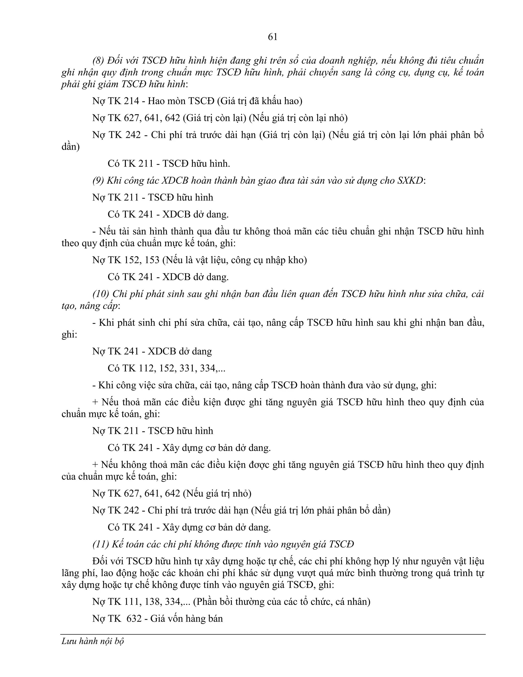 61
Lưu hành nội bộ
(8) Đối với TSCĐ hữu hình hiện đang ghi trên sổ của doanh nghiệp, nếu không đủ tiêu chuẩn
ghi nhận quy định trong chuẩn mực TSCĐ hữu hình, phải chuyển sang là công cụ, dụng cụ, kế toán
phải ghi giảm TSCĐ hữu hình:
Nợ TK 214 - Hao mòn TSCĐ (Giá trị đã khấu hao)
Nợ TK 627, 641, 642 (Giá trị còn lại) (Nếu giá trị còn lại nhỏ)
Nợ TK 242 - Chi phí trả trƣớc dài hạn (Giá trị còn lại) (Nếu giá trị còn lại lớn phải phân bổ
dần)
Có TK 211 - TSCĐ hữu hình.
(9) Khi công tác XDCB hoàn thành bàn giao đưa tài sản vào sử dụng cho SXKD:
Nợ TK 211 - TSCĐ hữu hình
Có TK 241 - XDCB dở dang.
- Nếu tài sản hình thành qua đầu tƣ không thoả mãn các tiêu chuẩn ghi nhận TSCĐ hữu hình
theo quy định của chuẩn mực kế toán, ghi:
Nợ TK 152, 153 (Nếu là vật liệu, công cụ nhập kho)
Có TK 241 - XDCB dở dang.
(10) Chi phí phát sinh sau ghi nhận ban đầu liên quan đến TSCĐ hữu hình như sửa chữa, cải
tạo, nâng cấp:
- Khi phát sinh chi phí sửa chữa, cải tạo, nâng cấp TSCĐ hữu hình sau khi ghi nhận ban đầu,
ghi:
Nợ TK 241 - XDCB dở dang
Có TK 112, 152, 331, 334,...
- Khi công việc sửa chữa, cải tạo, nâng cấp TSCĐ hoàn thành đƣa vào sử dụng, ghi:
+ Nếu thoả mãn các điều kiện đƣợc ghi tăng nguyên giá TSCĐ hữu hình theo quy định của
chuẩn mực kế toán, ghi:
Nợ TK 211 - TSCĐ hữu hình
Có TK 241 - Xây dựng cơ bản dở dang.
+ Nếu không thoả mãn các điều kiện đơợc ghi tăng nguyên giá TSCĐ hữu hình theo quy định
của chuẩn mực kế toán, ghi:
Nợ TK 627, 641, 642 (Nếu giá trị nhỏ)
Nợ TK 242 - Chi phí trả trƣớc dài hạn (Nếu giá trị lớn phải phân bổ dần)
Có TK 241 - Xây dựng cơ bản dở dang.
(11) Kế toán các chi phí không được tính vào nguyên giá TSCĐ
Đối với TSCĐ hữu hình tự xây dựng hoặc tự chế, các chi phí không hợp lý nhƣ nguyên vật liệu
lãng phí, lao động hoặc các khoản chi phí khác sử dụng vƣợt quá mức bình thƣờng trong quá trình tự
xây dựng hoặc tự chế không đƣợc tính vào nguyên giá TSCĐ, ghi:
Nợ TK 111, 138, 334,... (Phần bồi thƣờng của các tổ chức, cá nhân)
Nợ TK 632 - Giá vốn hàng bán
 