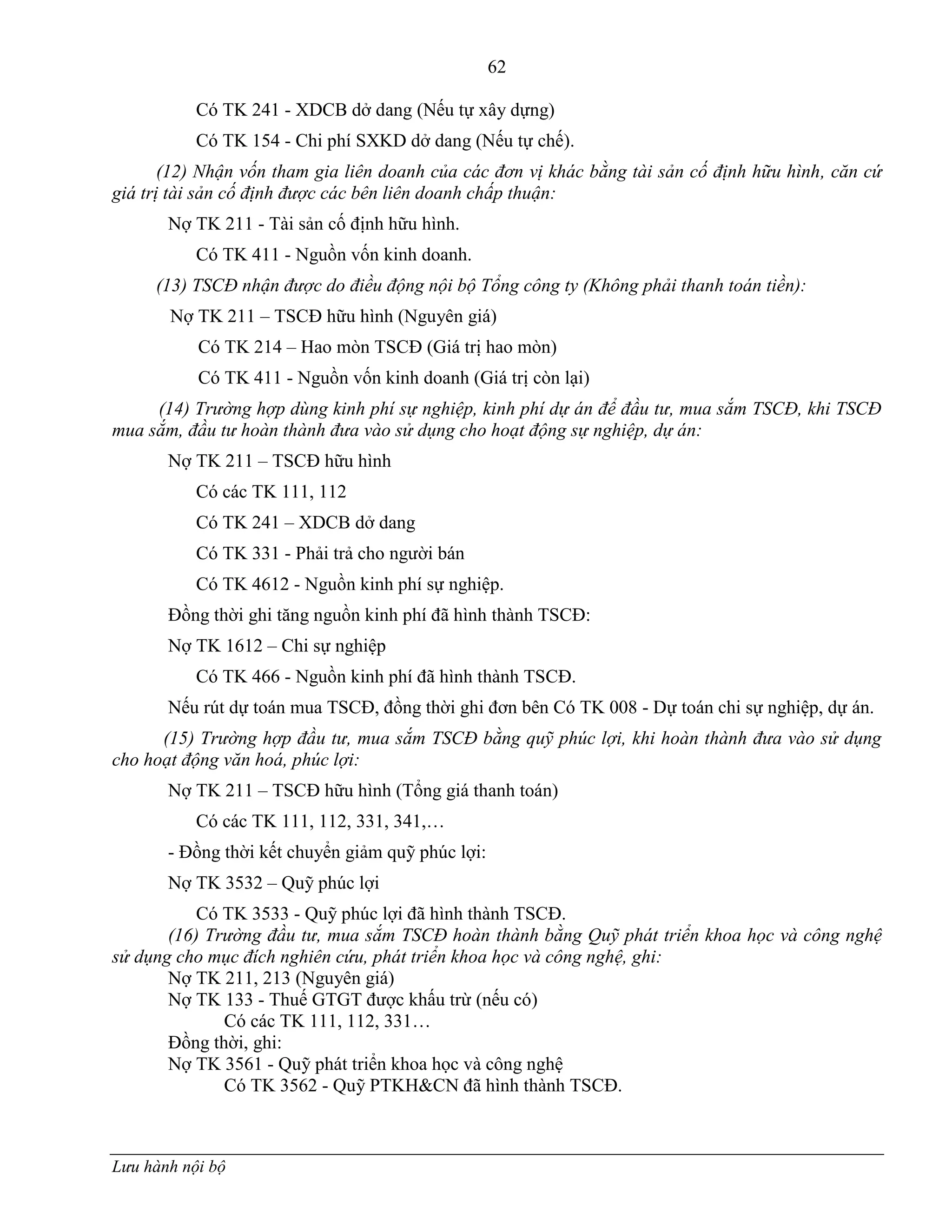 62
Lưu hành nội bộ
Có TK 241 - XDCB dở dang (Nếu tự xây dựng)
Có TK 154 - Chi phí SXKD dở dang (Nếu tự chế).
(12) Nhận vốn tham gia liên doanh của các đơn vị khác bằng tài sản cố định hữu hình, căn cứ
giá trị tài sản cố định được các bên liên doanh chấp thuận:
Nợ TK 211 - Tài sản cố định hữu hình.
Có TK 411 - Nguồn vốn kinh doanh.
(13) TSCĐ nhận được do điều động nội bộ Tổng công ty (Không phải thanh toán tiền):
Nợ TK 211 – TSCĐ hữu hình (Nguyên giá)
Có TK 214 – Hao mòn TSCĐ (Giá trị hao mòn)
Có TK 411 - Nguồn vốn kinh doanh (Giá trị còn lại)
(14) Trường hợp dùng kinh phí sự nghiệp, kinh phí dự án để đầu tư, mua sắm TSCĐ, khi TSCĐ
mua sắm, đầu tư hoàn thành đưa vào sử dụng cho hoạt động sự nghiệp, dự án:
Nợ TK 211 – TSCĐ hữu hình
Có các TK 111, 112
Có TK 241 – XDCB dở dang
Có TK 331 - Phải trả cho ngƣời bán
Có TK 4612 - Nguồn kinh phí sự nghiệp.
Đồng thời ghi tăng nguồn kinh phí đã hình thành TSCĐ:
Nợ TK 1612 – Chi sự nghiệp
Có TK 466 - Nguồn kinh phí đã hình thành TSCĐ.
Nếu rút dự toán mua TSCĐ, đồng thời ghi đơn bên Có TK 008 - Dự toán chi sự nghiệp, dự án.
(15) Trường hợp đầu tư, mua sắm TSCĐ bằng quỹ phúc lợi, khi hoàn thành đưa vào sử dụng
cho hoạt động văn hoá, phúc lợi:
Nợ TK 211 – TSCĐ hữu hình (Tổng giá thanh toán)
Có các TK 111, 112, 331, 341,…
- Đồng thời kết chuyển giảm quỹ phúc lợi:
Nợ TK 3532 – Quỹ phúc lợi
Có TK 3533 - Quỹ phúc lợi đã hình thành TSCĐ.
(16) Trường đầu tư, mua sắm TSCĐ hoàn thành bằng Quỹ phát triển khoa học và công nghệ
sử dụng cho mục đích nghiên cứu, phát triển khoa học và công nghệ, ghi:
Nợ TK 211, 213 (Nguyên giá)
Nợ TK 133 - Thuế GTGT đƣợc khấu trừ (nếu có)
Có các TK 111, 112, 331…
Đồng thời, ghi:
Nợ TK 3561 - Quỹ phát triển khoa học và công nghệ
Có TK 3562 - Quỹ PTKH&CN đã hình thành TSCĐ.
 