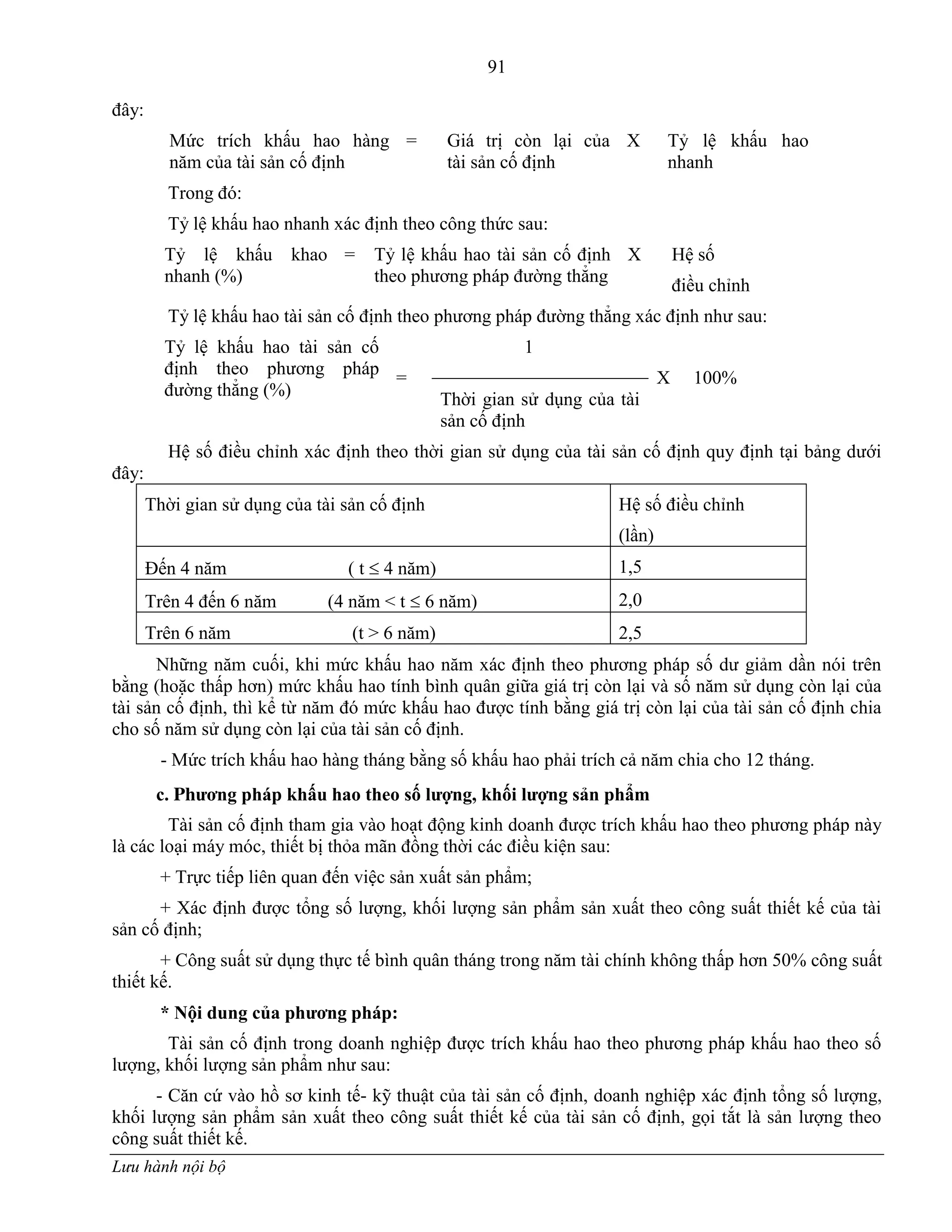 91
Lưu hành nội bộ
đây:
Mức trích khấu hao hàng
năm của tài sản cố định
= Giá trị còn lại của
tài sản cố định
X Tỷ lệ khấu hao
nhanh
Trong đó:
Tỷ lệ khấu hao nhanh xác định theo công thức sau:
Tỷ lệ khấu khao
nhanh (%)
= Tỷ lệ khấu hao tài sản cố định
theo phƣơng pháp đƣờng thẳng
X Hệ số
điều chỉnh
Tỷ lệ khấu hao tài sản cố định theo phƣơng pháp đƣờng thẳng xác định nhƣ sau:
Tỷ lệ khấu hao tài sản cố
định theo phƣơng pháp
đƣờng thẳng (%)
=
1
X 100%
Thời gian sử dụng của tài
sản cố định
Hệ số điều chỉnh xác định theo thời gian sử dụng của tài sản cố định quy định tại bảng dƣới
đây:
Thời gian sử dụng của tài sản cố định Hệ số điều chỉnh
(lần)
Đến 4 năm ( t  4 năm) 1,5
Trên 4 đến 6 năm (4 năm < t  6 năm) 2,0
Trên 6 năm (t > 6 năm) 2,5
Những năm cuối, khi mức khấu hao năm xác định theo phƣơng pháp số dƣ giảm dần nói trên
bằng (hoặc thấp hơn) mức khấu hao tính bình quân giữa giá trị còn lại và số năm sử dụng còn lại của
tài sản cố định, thì kể từ năm đó mức khấu hao đƣợc tính bằng giá trị còn lại của tài sản cố định chia
cho số năm sử dụng còn lại của tài sản cố định.
- Mức trích khấu hao hàng tháng bằng số khấu hao phải trích cả năm chia cho 12 tháng.
c. Phƣơng pháp khấu hao theo số lƣợng, khối lƣợng sản phẩm
Tài sản cố định tham gia vào hoạt động kinh doanh đƣợc trích khấu hao theo phƣơng pháp này
là các loại máy móc, thiết bị thỏa mãn đồng thời các điều kiện sau:
+ Trực tiếp liên quan đến việc sản xuất sản phẩm;
+ Xác định đƣợc tổng số lƣợng, khối lƣợng sản phẩm sản xuất theo công suất thiết kế của tài
sản cố định;
+ Công suất sử dụng thực tế bình quân tháng trong năm tài chính không thấp hơn 50% công suất
thiết kế.
* Nội dung của phƣơng pháp:
Tài sản cố định trong doanh nghiệp đƣợc trích khấu hao theo phƣơng pháp khấu hao theo số
lƣợng, khối lƣợng sản phẩm nhƣ sau:
- Căn cứ vào hồ sơ kinh tế- kỹ thuật của tài sản cố định, doanh nghiệp xác định tổng số lƣợng,
khối lƣợng sản phẩm sản xuất theo công suất thiết kế của tài sản cố định, gọi tắt là sản lƣợng theo
công suất thiết kế.
 