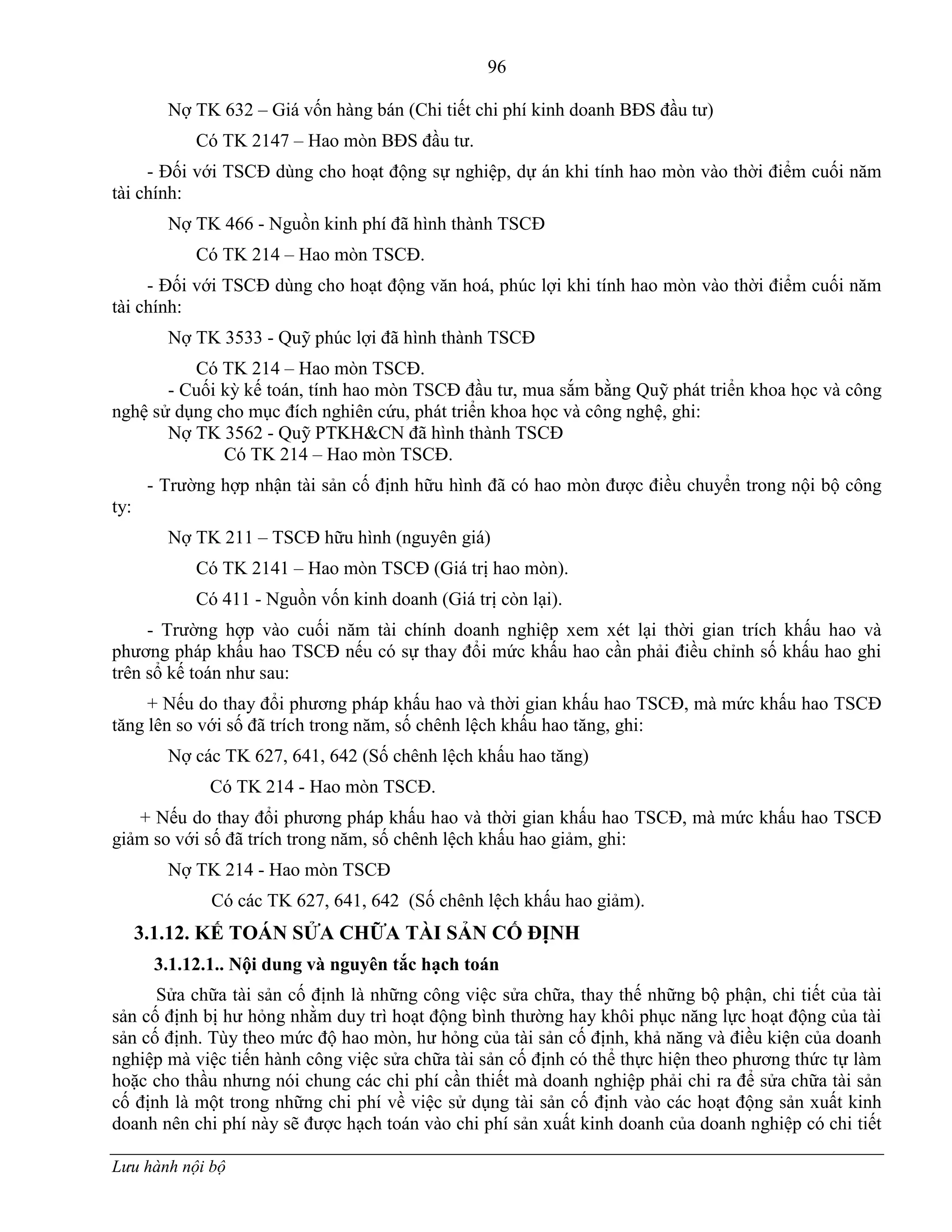 96
Lưu hành nội bộ
Nợ TK 632 – Giá vốn hàng bán (Chi tiết chi phí kinh doanh BĐS đầu tƣ)
Có TK 2147 – Hao mòn BĐS đầu tƣ.
- Đối với TSCĐ dùng cho hoạt động sự nghiệp, dự án khi tính hao mòn vào thời điểm cuối năm
tài chính:
Nợ TK 466 - Nguồn kinh phí đã hình thành TSCĐ
Có TK 214 – Hao mòn TSCĐ.
- Đối với TSCĐ dùng cho hoạt động văn hoá, phúc lợi khi tính hao mòn vào thời điểm cuối năm
tài chính:
Nợ TK 3533 - Quỹ phúc lợi đã hình thành TSCĐ
Có TK 214 – Hao mòn TSCĐ.
- Cuối kỳ kế toán, tính hao mòn TSCĐ đầu tƣ, mua sắm bằng Quỹ phát triển khoa học và công
nghệ sử dụng cho mục đích nghiên cứu, phát triển khoa học và công nghệ, ghi:
Nợ TK 3562 - Quỹ PTKH&CN đã hình thành TSCĐ
Có TK 214 – Hao mòn TSCĐ.
- Trƣờng hợp nhận tài sản cố định hữu hình đã có hao mòn đƣợc điều chuyển trong nội bộ công
ty:
Nợ TK 211 – TSCĐ hữu hình (nguyên giá)
Có TK 2141 – Hao mòn TSCĐ (Giá trị hao mòn).
Có 411 - Nguồn vốn kinh doanh (Giá trị còn lại).
- Trƣờng hợp vào cuối năm tài chính doanh nghiệp xem xét lại thời gian trích khấu hao và
phƣơng pháp khấu hao TSCĐ nếu có sự thay đổi mức khấu hao cần phải điều chỉnh số khấu hao ghi
trên sổ kế toán nhƣ sau:
+ Nếu do thay đổi phƣơng pháp khấu hao và thời gian khấu hao TSCĐ, mà mức khấu hao TSCĐ
tăng lên so với số đã trích trong năm, số chênh lệch khấu hao tăng, ghi:
Nợ các TK 627, 641, 642 (Số chênh lệch khấu hao tăng)
Có TK 214 - Hao mòn TSCĐ.
+ Nếu do thay đổi phƣơng pháp khấu hao và thời gian khấu hao TSCĐ, mà mức khấu hao TSCĐ
giảm so với số đã trích trong năm, số chênh lệch khấu hao giảm, ghi:
Nợ TK 214 - Hao mòn TSCĐ
Có các TK 627, 641, 642 (Số chênh lệch khấu hao giảm).
3.1.12. KẾ TOÁN SỬA CHỮA TÀI SẢN CỐ ĐỊNH
3.1.12.1.. Nội dung và nguyên tắc hạch toán
Sửa chữa tài sản cố định là những công việc sửa chữa, thay thế những bộ phận, chi tiết của tài
sản cố định bị hƣ hỏng nhằm duy trì hoạt động bình thƣờng hay khôi phục năng lực hoạt động của tài
sản cố định. Tùy theo mức độ hao mòn, hƣ hỏng của tài sản cố định, khả năng và điều kiện của doanh
nghiệp mà việc tiến hành công việc sửa chữa tài sản cố định có thể thực hiện theo phƣơng thức tự làm
hoặc cho thầu nhƣng nói chung các chi phí cần thiết mà doanh nghiệp phải chi ra để sửa chữa tài sản
cố định là một trong những chi phí về việc sử dụng tài sản cố định vào các hoạt động sản xuất kinh
doanh nên chi phí này sẽ đƣợc hạch toán vào chi phí sản xuất kinh doanh của doanh nghiệp có chi tiết
 