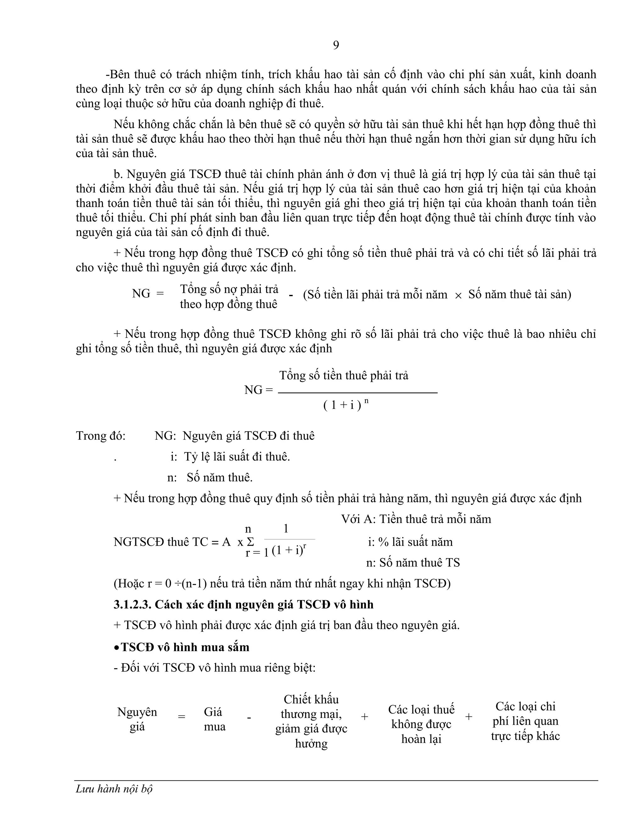 9
Lưu hành nội bộ
-Bên thuê có trách nhiệm tính, trích khấu hao tài sản cố định vào chi phí sản xuất, kinh doanh
theo định kỳ trên cơ sở áp dụng chính sách khấu hao nhất quán với chính sách khấu hao của tài sản
cùng loại thuộc sở hữu của doanh nghiệp đi thuê.
Nếu không chắc chắn là bên thuê sẽ có quyền sở hữu tài sản thuê khi hết hạn hợp đồng thuê thì
tài sản thuê sẽ đƣợc khấu hao theo thời hạn thuê nếu thời hạn thuê ngắn hơn thời gian sử dụng hữu ích
của tài sản thuê.
b. Nguyên giá TSCĐ thuê tài chính phản ánh ở đơn vị thuê là giá trị hợp lý của tài sản thuê tại
thời điểm khởi đầu thuê tài sản. Nếu giá trị hợp lý của tài sản thuê cao hơn giá trị hiện tại của khoản
thanh toán tiền thuê tài sản tối thiểu, thì nguyên giá ghi theo giá trị hiện tại của khoản thanh toán tiền
thuê tối thiểu. Chi phí phát sinh ban đầu liên quan trực tiếp đến hoạt động thuê tài chính đƣợc tính vào
nguyên giá của tài sản cố định đi thuê.
+ Nếu trong hợp đồng thuê TSCĐ có ghi tổng số tiền thuê phải trả và có chi tiết số lãi phải trả
cho việc thuê thì nguyên giá đƣợc xác định.
+ Nếu trong hợp đồng thuê TSCĐ không ghi rõ số lãi phải trả cho việc thuê là bao nhiêu chỉ
ghi tổng số tiền thuê, thì nguyên giá đƣợc xác định
Trong đó: NG: Nguyên giá TSCĐ đi thuê
. i: Tỷ lệ lãi suất đi thuê.
n: Số năm thuê.
+ Nếu trong hợp đồng thuê quy định số tiền phải trả hàng năm, thì nguyên giá đƣợc xác định
Với A: Tiền thuê trả mỗi năm
NGTSCĐ thuê TC = A x  i: % lãi suất năm
n: Số năm thuê TS
(Hoặc r = 0 ÷(n-1) nếu trả tiền năm thứ nhất ngay khi nhận TSCĐ)
3.1.2.3. Cách xác định nguyên giá TSCĐ vô hình
+ TSCĐ vô hình phải đƣợc xác định giá trị ban đầu theo nguyên giá.
TSCĐ vô hình mua sắm
- Đối với TSCĐ vô hình mua riêng biệt:
Tổng số tiền thuê phải trả
NG =
( 1 + i ) n
Nguyên
giá
= Giá
mua
-
Chiết khấu
thƣơng mại,
giảm giá đƣợc
hƣởng
+
Các loại thuế
không đƣợc
hoàn lại
+
Các loại chi
phí liên quan
trực tiếp khác
(1 + i)r
1n
r = 1
Số năm thuê tài sảnSố tiền lãi phải trả mỗi năm-Tổng số nợ phải trả
theo hợp đồng thuê
NG =
 