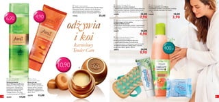 

 Tender Care Caramel
Karmelowy krem uniwersalny Tender Care
Doskonale nawilża, odżywia i koi suchą skórę,
natychmiast przywraca jej uczucie miękkości.
Ma karmelowy aromat. Uroczy prezent! 15 ml



4,90

6,90

25,00

17342

odż ywia
i koi
karmelowy
Tender Care

10,90
 Aimi Whispering
Breeze Shower Gel
Żel pod prysznic
Aimi Whispering Breeze
Delikatnie oczyszczający żel
pod prysznic, wzbogacony
subtelnymi nutami herbatki
jaśminowej, dzikiej róży
i białego drewna. Formuła
o zrównoważonym pH. 200 ml

4

26381

17,00

 Aimi Mystic
Caress Hand Cream
Krem do rąk
Aimi Mystic Caress
Krem do rąk o ponętnym
zapachu peonii i drewna
agarowego, wyśmienicie
zmiękcza i wygładza skórę
dłoni. 75 ml

26379

12,00

 Wooden Massager Brush
Drewniana szczotka masująca
Z bawełnianym uchwytem, który należy założyć na
dłoń i masować zmęczone mięśnie, jednocześnie
pobudzając krążenie krwi. Wymiary: 6 x 12 cm.

 Let it Snow Soap Set
Zestaw mydełek Let it Snow
Śnieżnobiałe mydełka z nutą blasku i świeżego
zapachu działają inspirująco na zmysły.
2 x 50 g

25099

22684

25,00



10,00

7,90 

3,90

 Optifresh Multi-action Fluoride Toothgel Extra Fresh
Odświeżający żel do zębów
Optifresh Multi-action
Żel do zębów odświeżający oddech i zapewniający
długotrwałe orzeźwienie. O świeżym miętowym
smaku. 75 ml

14,00

21877



4,90

 Nature Secrets Shower Cream
with Hydrating Basil  Peach
Krem pod prysznic Nature Secrets
z nawilżającą bazylią i brzoskwinią
Krem pod prysznic o rozkosznym zapachu bazylii
i brzoskwini doskonale nawilża skórę i sprawia,
że jest ona miękka i gładka. 400 ml

24,90

30013



9,90



400 ml









5

 