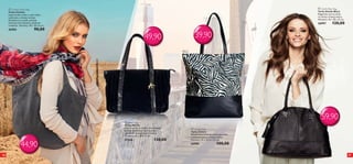  Giselle Black Bag
Torba Giselle Black
Elegancka czarna torba
na ramię z imitacji skóry.
Wymiary: 42 x 30 x 12 cm.

a Chelsea Hobo Bag
Torba Chelsea
Supermodna torba w stylu hobo,
wykonana z imitacji zamszu.
Zamykana na suwak, posiada
wewnętrzne kieszenie, zdobiona
ćwiekami. Wymiary: 49 x 30 x 6 cm.

26983

26997

90,00

120,00

39,90

49,90




a


 Valerie Bag
Torba Valerie
Czarna torba na ramię z aksamitnego
poliestru zdobiona figurką ptaka –
symbolem nowej kolekcji Valerie.
Wymiary: 36 x 29 x 11 cm.

44,90
16

27244

130,00

59,90

 Zahara Tote
Torba Zahara
Poliestrowa torba na ramię typu tote,
z wykończeniem z imitacji skóry.
Wymiary: 41 x 32,5 x 5,5 cm.

26980

100,00
17

 