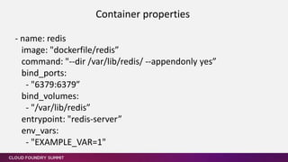 - name: redis
image: "dockerfile/redis”
command: "--dir /var/lib/redis/ --appendonly yes”
bind_ports:
- "6379:6379”
bind_volumes:
- "/var/lib/redis”
entrypoint: "redis-server”
env_vars:
- "EXAMPLE_VAR=1"
Container properties
 