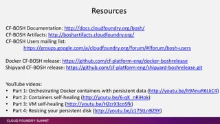 Resources
Docker CF-BOSH release: https://github.com/cf-platform-eng/docker-boshrelease
Shipyard CF-BOSH release: https://github.com/cf-platform-eng/shipyard-boshrelease.git
CF-BOSH Documentation: http://docs.cloudfoundry.org/bosh/
CF-BOSH Artifacts: http://boshartifacts.cloudfoundry.org/
CF-BOSH Users mailing list:
https://groups.google.com/a/cloudfoundry.org/forum/#!forum/bosh-users
YouTube videos:
• Part 1: Orchestrating Docker containers with persistent data (http://youtu.be/h9AnuR6LkC4)
• Part 2: Containers self-healing (http://youtu.be/6-qK_nRiHok)
• Part 3: VM self-healing (http://youtu.be/HZcrX3coSfk)
• Part 4: Resizing your persistent disk (http://youtu.be/z175tLnBZ9Y)
 