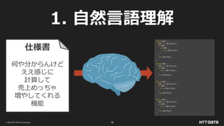 © 2019 NTT DATA Corporation 19
1. 自然言語理解
仕様書
何や分からんけど
ええ感じに
計算して
売上めっちゃ
増やしてくれる
機能
while(EOF) {
TMP.set(IN-FILE.X);
if(TMP) {
if(TMP) {
write(OUT-FILE);
}
}
read(IN-FILE);
}
while(EOF) {
TMP.set(IN-FILE.X);
if(TMP) {
write(OUT-FILE);
}
read(IN-FILE);
}
while(EOF) {
TMP.set(IN-FILE.X);
if(TMP) {
write(OUT-FILE);
}
read(IN-FILE);
}
while(EOF) {
TMP.set(IN-FILE.X);
if(TMP) {
write(OUT-FILE);
}
read(IN-FILE);
}
 
