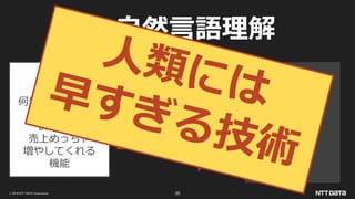 © 2019 NTT DATA Corporation 20
1. 自然言語理解
仕様書
何や分からんけど
ええ感じに
計算して
売上めっちゃ
増やしてくれる
機能
while(EOF) {
TMP.set(IN-FILE.X);
if(TMP) {
if(TMP) {
write(OUT-FILE);
}
}
read(IN-FILE);
}
while(EOF) {
TMP.set(IN-FILE.X);
if(TMP) {
write(OUT-FILE);
}
read(IN-FILE);
}
while(EOF) {
TMP.set(IN-FILE.X);
if(TMP) {
write(OUT-FILE);
}
read(IN-FILE);
}
while(EOF) {
TMP.set(IN-FILE.X);
if(TMP) {
write(OUT-FILE);
}
read(IN-FILE);
}
 