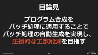 © 2019 NTT DATA Corporation 46
目論見
プログラム合成を
バッチ処理に適用することで
バッチ処理の自動生成を実現し、
圧倒的な工数削減を目指す
 