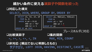 © 2019 NTT DATA Corporation 71
SELECT a1, b2, a3, a4
FROM A, B
WHERE A.a4 = B.b1
AND a2 = ‘01’
AND b2 <= 5
ORDER BY a1 DESC
SELECT a1, MAX(a2), MIN(a2)
FROM A
WHERE a5 = ‘XX’
AND a3 > ?
GROUP BY a1
非対応 (頻出でないと判断したもの)
サブクエリ，LEFT JOIN, HAVING, DISTINCT, CASE文 ...
プレースホルダに対応
比較演算子
=, >=, >, <=, <, IN
集約関数
MAX, MIN, COUNT
細かい条件に使える演算子や関数を絞った
対応した構文
SELECT, JOIN, WHERE, GROUP BY, ORDER BY
 