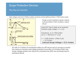 High voltages induced in Profibus cables caused by nearby lightning strikes (<1000 metres away)
Surge current reaches a peak in about
8 μS and falls to 50% of peak in about
20 μS
Using DP Type A cable as an example.
Induced surge voltage v ≈ L ∆i/∆t
Inductance (L) is 1000 μH/km
Let ∆i = 100A and ∆t = 8 μS
v = (1000 μH/km). (100A/ 8 μS)
= 12.5 kv/km
Induced Surge Voltage = 12.5 v/metre
50 volts (≈ 4 metres of unprotected cable) at a DP device input is enough to exceed
the maximum transient overvoltage protection level (48v) of a Profibus ASIC.chip.
Surge voltages greater than about 20v overstress the ASIC and eventually lead to
premature failure.
Surge Protection Devices
Why they are important
 