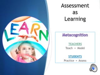 Assessment
as
Learning
TEACHERS
Teach + Model
STUDENTS
Practice + Assess
 