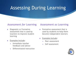 Assessing During Learning
Assessment for Learning
S Diagnostic or Formative
assessment that is used by
teachers to improve student
learning
S Examples Include:
S Immediate teacher
feedback and advice
S Differentiated instruction
Assessment as Learning
S Formative assessment that is
used by students to help them
become independent learners
S Examples Include:
S Peer assessment
S Self assessment
 