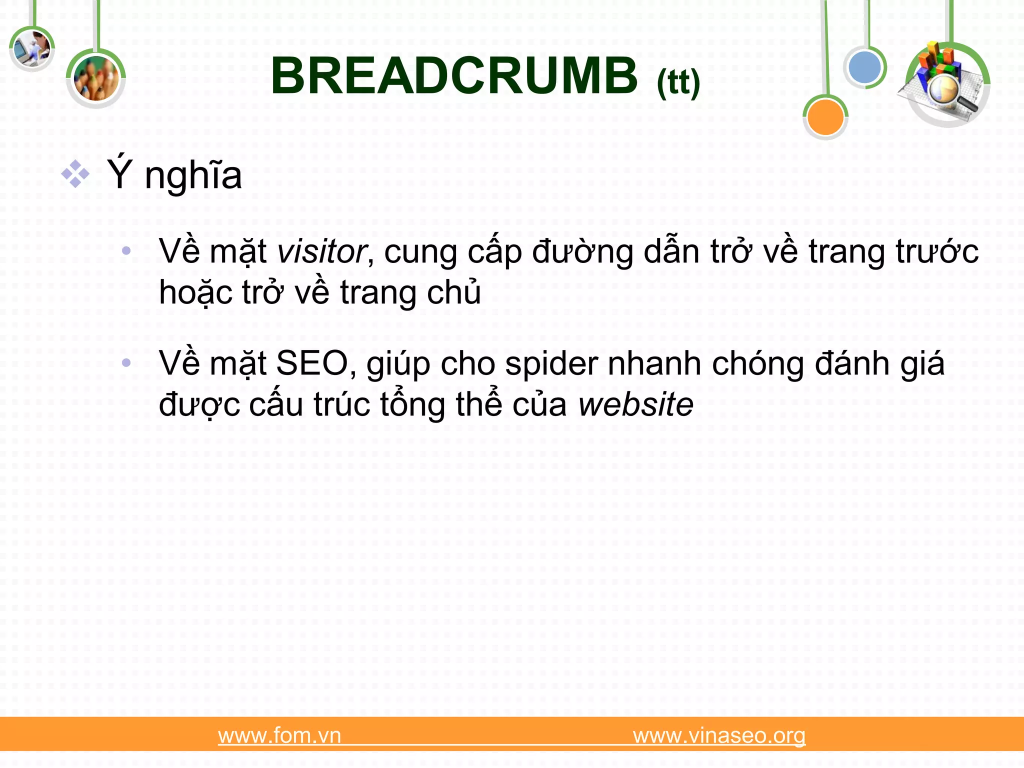 BREADCRUMB              (tt)

 Ý nghĩa
   • Về mặt visitor, cung cấp đường dẫn trở về trang trước
     hoặc trở về trang chủ

   • Về mặt SEO, giúp cho spider nhanh chóng đánh giá
     được cấu trúc tổng thể của website




         www.fom.vn                www.vinaseo.org
 