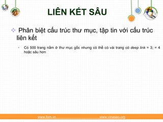 LIÊN KẾT SÂU

 Phân biệt cấu trúc thư mục, tập tin với cấu trúc
 liên kết
     Có 500 trang nằm ở thư mục gốc nhưng có thể có vài trang có deep link = 3; = 4
      hoặc sâu hơn




             www.fom.vn                          www.vinaseo.org
 