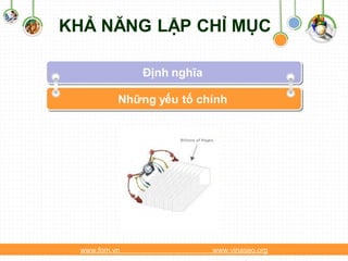 KHẢ NĂNG LẬP CHỈ MỤC

               Định nghĩa

           Những yếu tố chính




  www.fom.vn                www.vinaseo.org
 