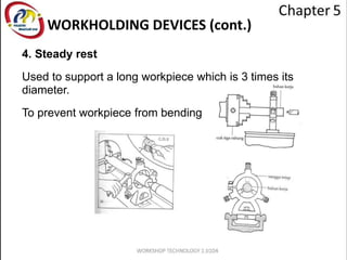 4. Steady rest
Used to support a long workpiece which is 3 times its
diameter.
To prevent workpiece from bending
WORKHOLDING DEVICES (cont.)
 