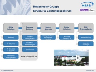 Mettenmeier-Gruppe Struktur & Leistungsspektrum Beratung IT Solutions IT-Services  & Support Geodaten- Management Prozess- management Workflow- Anwendungen E-Business Utility  Solutions Business  Solutions Weiterbildung Anwender- schulungen FGE  TrainingsCenter www.mbs-gmbh.de Robuste Tablet-PCs Mobile  Solutions Strategische Asset- Management- Beratung Samco  Networks 