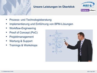 Unsere Leistungen im Überblick Prozess- und Technologieberatung Implementierung und Einführung von BPM-Lösungen Workflow-Engineering Proof of Concept (PoC) Projektmanagement Wartung & Support Trainings & Workshops 
