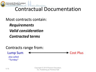 Contractual Documentation
Most contracts contain:
Requirements
Valid consideration
Contracted terms
Contracts range from:
Lump Sum

Cost Plus

also called
“Turnkey”

5-16

Copyright © 2010 Pearson Education,
Inc. Publishing as Prentice Hall

 