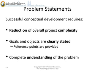 Problem Statements
Successful conceptual development requires:

• Reduction of overall project complexity

• Goals and objects are clearly stated
–Reference points are provided

• Complete understanding of the problem
5-4

Copyright © 2010 Pearson Education,
Inc. Publishing as Prentice Hall

 