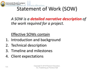Statement of Work (SOW)
A SOW is a detailed narrative description of
the work required for a project.

1.
2.
3.
4.
5-5

Effective SOWs contain
Introduction and background
Technical description
Timeline and milestones
Client expectations
Copyright © 2010 Pearson Education,
Inc. Publishing as Prentice Hall

 