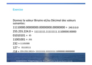 23 PRONETIS©2014 - Philippe Prestigiacomo - Droits d'utilisation ou de reproduction réservés
Donnez la valeur Binaire et/ou Décimal des valeurs
suivantes:
11110000.00000000.00000000.00000000 =
255.255.224.0 =
01010101 =
11001001 =
232 =
127 =
/18 =
240.0.0.0
11111111.11111111.11100000.00000
85
201
11101000
01110111
255.255.192.0 = 11111111.11111111.11000000.00000000
Exercice
 