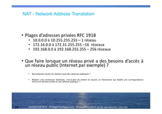 29 PRONETIS©2014 - Philippe Prestigiacomo - Droits d'utilisation ou de reproduction réservés
• Plages d’adresses privées RFC 1918
• 10.0.0.0 à 10.255.255.255 – 1 réseau
• 172.16.0.0 à 172.31.255.255 –16 réseaux
• 192.168.0.0 à 192.168.255.255 – 256 réseaux
• Que faire lorsque un réseau privé a des besoins d’accès à
un réseau public (Internet par exemple) ?
• Renuméroter toutes les stations avec des adresses publiques ?
• Réaliser une conversion d’adresse, c’est-à-dire de mettre en œuvre un mécanisme qui établit une correspondance
entre une adresse privée et une adresse publique ?
29
NAT - Network Address Translation
 