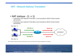 33 PRONETIS©2014 - Philippe Prestigiacomo - Droits d'utilisation ou de reproduction réservés
• NAT statique : (1 -> 1)
• L’ordinateur avec l’adresse IP 192.168.1. 3 sera translaté en 202.67.3.8 de manière
permanente.
• L’ordinateur avec l’adresse IP 192.168.1.4 sera translaté en 202.67.3.9 de manière
permanente.
33
192.168.1.3
192.168.1.4 202.67.3.9
202.67.3.8
NAT remplace l’adresse locale du champ adresse source de l’en-tête IP par l’adresse globale de son interface
NAT - Network Address Translation
 