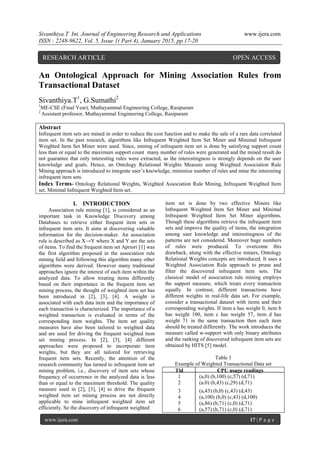 Sivanthiya.T Int. Journal of Engineering Research and Applications www.ijera.com
ISSN : 2248-9622, Vol. 5, Issue 1( Part 4), January 2015, pp.17-20
www.ijera.com 17 | P a g e
An Ontological Approach for Mining Association Rules from
Transactional Dataset
Sivanthiya.T1
, G.Sumathi2
1
ME-CSE (Final Year), Muthayammal Engineering College, Rasipuram
2
Assistant professor, Muthayammal Engineering College, Rasipuram
Abstract
Infrequent item sets are mined in order to reduce the cost function and to make the sale of a rare data correlated
item set. In the past research, algorithms like Infrequent Weighted Item Set Miner and Minimal Infrequent
Weighted Item Set Miner were used. Since, mining of infrequent item set is done by satisfying support count
less than or equal to the maximum support count many number of rules were generated and the mined result do
not guarantee that only interesting rules were extracted, as the interestingness is strongly depends on the user
knowledge and goals. Hence, an Ontology Relational Weights Measure using Weighted Association Rule
Mining approach is introduced to integrate user’s knowledge, minimize number of rules and mine the interesting
infrequent item sets.
Index Terms- Ontology Relational Weights, Weighted Association Rule Mining, Infrequent Weighted Item
set, Minimal Infrequent Weighted Item set.
I. INTRODUCTION
Association rule mining [1], is considered as an
important task in Knowledge Discovery among
Databases to retrieve either frequent item sets or
infrequent item sets. It aims at discovering valuable
information for the decision-maker. An association
rule is described as X→Y where X and Y are the sets
of items. To find the frequent item set Apriori [1] was
the first algorithm proposed in the association rule
mining field and following this algorithm many other
algorithms were derived. However many traditional
approaches ignore the interest of each item within the
analyzed data. To allow treating items differently
based on their importance in the frequent item set
mining process, the thought of weighted item set has
been introduced in [2], [3], [4]. A weight is
associated with each data item and the importance of
each transaction is characterized. The importance of a
weighted transaction is evaluated in terms of the
corresponding item weights. The item set quality
measures have also been tailored to weighted data
and are used for driving the frequent weighted item
set mining process. In [2], [3], [4] different
approaches were proposed to incorporate item
weights, but they are all tailored for retrieving
frequent item sets. Recently, the attention of the
research community has turned to infrequent item set
mining problem, i.e., discovery of item sets whose
frequency of occurrence in the analyzed data is less
than or equal to the maximum threshold. The quality
measure used in [2], [3], [4] to drive the frequent
weighted item set mining process are not directly
applicable to mine infrequent weighted item set
efficiently. So the discovery of infrequent weighted
item set is done by two effective Miners like
Infrequent Weighted Item Set Miner and Minimal
Infrequent Weighted Item Set Miner algorithms.
Though these algorithms retrieve the infrequent item
sets and improve the quality of items, the integration
among user knowledge and interestingness of the
patterns are not considered. Moreover huge numbers
of rules were produced. To overcome this
drawback, along with the effective miners, Ontology
Relational Weights concepts are introduced. It uses a
Weighted Association Rule approach to prune and
filter the discovered infrequent item sets. The
classical model of association rule mining employs
the support measure, which treats every transaction
equally. In contrast, different transactions have
different weights in real-life data set. For example,
consider a transactional dataset with items and their
corresponding weights. If item a has weight 0, item b
has weight 100, item c has weight 57, item d has
weight 71 in the same transaction then each item
should be treated differently. The work introduces the
measure called w-support with only binary attributes
and the ranking of discovered infrequent item sets are
obtained by HITS [5] model.
Table 1
Example of Weighted Transactional Data set
Tid CPU usage readings
1 (a,0) (b,100) (c,57) (d,71)
2 (a.0) (b,43) (c,29) (d,71)
3 (a,43) (b,0) (c,43) (d,43)
4 (a,100) (b,0) (c,43) (d,100)
5 (a,86) (b,71) (c,0) (d,71)
6 (a,57) (b,71) (c,0) (d,71)
RESEARCH ARTICLE OPEN ACCESS
 