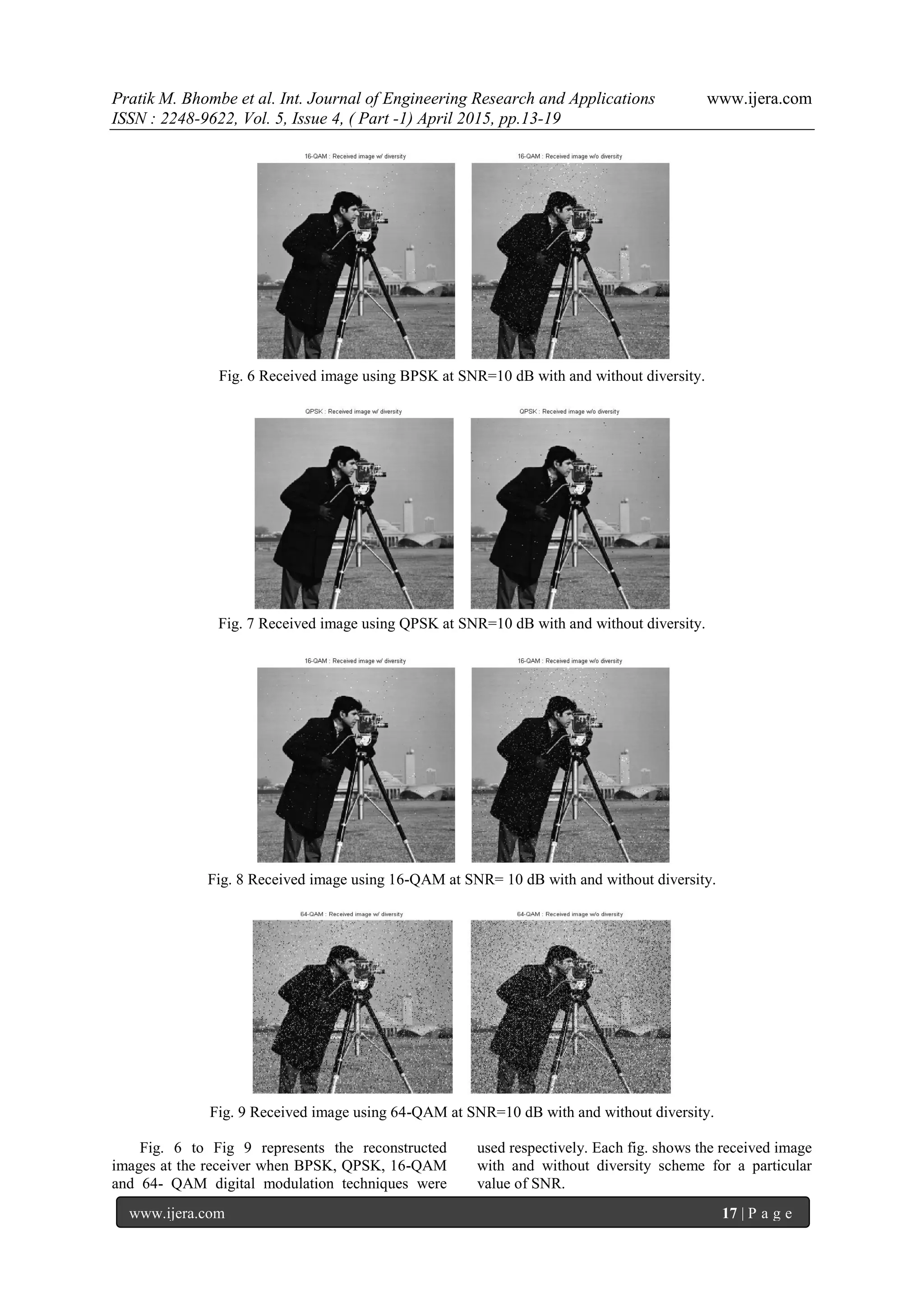 Pratik M. Bhombe et al. Int. Journal of Engineering Research and Applications www.ijera.com
ISSN : 2248-9622, Vol. 5, Issue 4, ( Part -1) April 2015, pp.13-19
www.ijera.com 17 | P a g e
Fig. 6 Received image using BPSK at SNR=10 dB with and without diversity.
Fig. 7 Received image using QPSK at SNR=10 dB with and without diversity.
Fig. 8 Received image using 16-QAM at SNR= 10 dB with and without diversity.
Fig. 9 Received image using 64-QAM at SNR=10 dB with and without diversity.
Fig. 6 to Fig 9 represents the reconstructed
images at the receiver when BPSK, QPSK, 16-QAM
and 64- QAM digital modulation techniques were
used respectively. Each fig. shows the received image
with and without diversity scheme for a particular
value of SNR.
 
