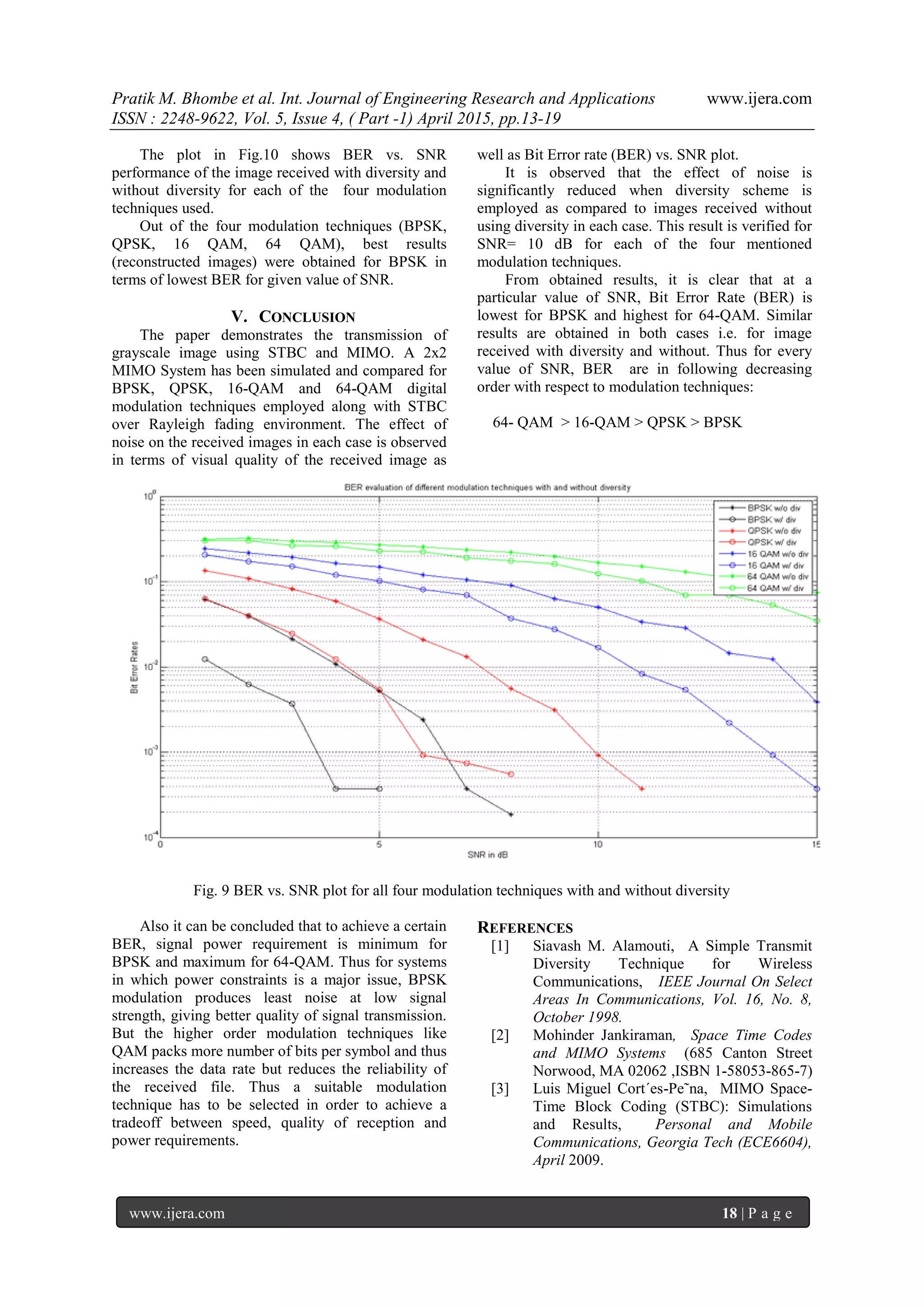 Pratik M. Bhombe et al. Int. Journal of Engineering Research and Applications www.ijera.com
ISSN : 2248-9622, Vol. 5, Issue 4, ( Part -1) April 2015, pp.13-19
www.ijera.com 18 | P a g e
The plot in Fig.10 shows BER vs. SNR
performance of the image received with diversity and
without diversity for each of the four modulation
techniques used.
Out of the four modulation techniques (BPSK,
QPSK, 16 QAM, 64 QAM), best results
(reconstructed images) were obtained for BPSK in
terms of lowest BER for given value of SNR.
V. CONCLUSION
The paper demonstrates the transmission of
grayscale image using STBC and MIMO. A 2x2
MIMO System has been simulated and compared for
BPSK, QPSK, 16-QAM and 64-QAM digital
modulation techniques employed along with STBC
over Rayleigh fading environment. The effect of
noise on the received images in each case is observed
in terms of visual quality of the received image as
well as Bit Error rate (BER) vs. SNR plot.
It is observed that the effect of noise is
significantly reduced when diversity scheme is
employed as compared to images received without
using diversity in each case. This result is verified for
SNR= 10 dB for each of the four mentioned
modulation techniques.
From obtained results, it is clear that at a
particular value of SNR, Bit Error Rate (BER) is
lowest for BPSK and highest for 64-QAM. Similar
results are obtained in both cases i.e. for image
received with diversity and without. Thus for every
value of SNR, BER are in following decreasing
order with respect to modulation techniques:
64- QAM > 16-QAM > QPSK > BPSK
Fig. 9 BER vs. SNR plot for all four modulation techniques with and without diversity
Also it can be concluded that to achieve a certain
BER, signal power requirement is minimum for
BPSK and maximum for 64-QAM. Thus for systems
in which power constraints is a major issue, BPSK
modulation produces least noise at low signal
strength, giving better quality of signal transmission.
But the higher order modulation techniques like
QAM packs more number of bits per symbol and thus
increases the data rate but reduces the reliability of
the received file. Thus a suitable modulation
technique has to be selected in order to achieve a
tradeoff between speed, quality of reception and
power requirements.
REFERENCES
[1] Siavash M. Alamouti, A Simple Transmit
Diversity Technique for Wireless
Communications, IEEE Journal On Select
Areas In Communications, Vol. 16, No. 8,
October 1998.
[2] Mohinder Jankiraman, Space Time Codes
and MIMO Systems (685 Canton Street
Norwood, MA 02062 ,ISBN 1-58053-865-7)
[3] Luis Miguel Cort´es-Pe˜na, MIMO Space-
Time Block Coding (STBC): Simulations
and Results, Personal and Mobile
Communications, Georgia Tech (ECE6604),
April 2009.
 