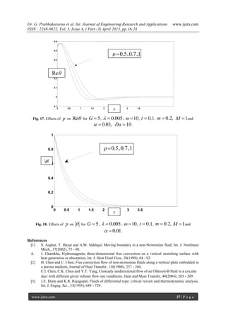 Dr. G. Prabhakararao et al. Int. Journal of Engineering Research and Applications www.ijera.com
ISSN : 2248-9622, Vol. 5, Issue 4, ( Part -3) April 2015, pp.16-28
www.ijera.com 27 | P a g e
Fig. 17. Effects of p on Re for 5G  , 0.005  , 10  , 0.1t  , 0.2,m  1M  and
0.03, 10Da   .
Fig. 18. Effects of p on  for 5G  , 0.005  , 10  , 0.1t  , 0.2,m  1M  and
0.01  .
References
[1] S. Asghar, T. Hayat and A.M. Siddiqui, Moving boundary in a non-Newtonian fluid, Int. J. Nonlinear
Mech., 37(2002), 75 - 80.
A. J. Chamkha, Hydromagnetic three-dimensional free convection on a vertical stretching surface with
heat generation or absorption, Int. J. Heat Fluid Flow, 20(1999), 84 - 92.
[2] H. Chen and C. Chen, Free convection flow of non-newtonian fluids along a vertical plate embedded in
a porous medium, Journal of Heat Transfer, 110(1988), 257 - 260.
C.I. Chen, C.K. Chen and Y.T. Yang, Unsteady unidirectional flow of an Oldroyd-B fluid in a circular
duct with different given volume flow rate conditions. Heat and Mass Transfer, 40(2004), 203 - 209.
[3] J.E. Dunn and K.R. Rajagopal, Fluids of differential type: critical review and thermodynamic analysis,
Int. J. Engng. Sci., 33(1995), 689 - 729.
0 0.5 1 1.5 2 2.5 3 3.5
-0.1
0
0.1
0.2
0.3
0.4
0.5
0.6
0 0.5 1 1.5 2 2.5 3 3.5
0
0.2
0.4
0.6
0.8
1
x
x

Re
0.5,0.7,1p
0.5,0.7,1p
 