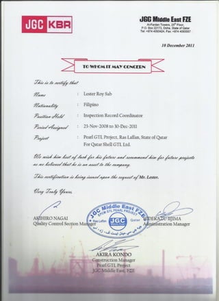 CERTIFICATE OF EMPLOYMENT(QC)