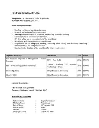Hire India Consulting Pvt. Ltd.
Designation: Sr. Executive – Talent Acquisition
Duration: May 2012 to April 2014.
Roles & Responsibilities:
 Handling end-to-end recruitment process.
 Research and analysis of the requirement.
 Sourcing from the Job Portals, Database, Networking, Reference building.
 Facilitation and co-ordination of Interview's.
 Effective follow ups to ensure joining of the candidates.
 Negotiating with the candidates in case of issues.
 Responsible for full hiring cycle, sourcing, screening, short listing, and interview Scheduling,
reference checks and background search.
 Maintaining the database of the candidates for future requirements
Degree/University Institution Year Score
Post Graduate Diploma in Management – Human
Resource
IIPM – New Delhi 2012 64.00%
B.SC – Biotechnology (Utkal University)
Trident Academy Of creative
Technology - Orissa
2010 65.00%
Class XII (CBSE) Holy Mission Sr. Secondary 2005 63.00%
Class X (CBSE) Holy Mission Sr. Secondary 2003 79.00%
Summer Internships
Title- Payroll Management
Company- Ballarpur Industry Limited (BILT)
PERSONAL PARTICULARS
Father’s Name : Brajmohan Jaiswal
Mother’s Name : Anju Jaiswal
Date of Birth : 14th
January 1988
Marital Status : Single
Gender : Female
Language Known : English and Hindi
 