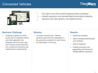 21
Connected Vehicles
Solution
• Connected Vehicle Cloud - Delivers
significant opportunity for stakeholders in
the automotive ecosystem to reach drivers
and passengers in new ways.
Results
• Rapid time-to-market
• Ease of building mobile-friendly
user interfaces
• Ease of integration
• Enabling innovative new
applications and services for
multiple different consumers
Our client is one of the world’s largest providers of wireless
network equipment, and operates telecommunications networks,
television and video systems, and related services.
Business Challenge
• Challenge of getting to market
quickly with an integrated solution
and online application that
integrates real-time sensor data
from on-board vehicle telematics
into a unified and interactive user
interface that is mobile-friendly
 