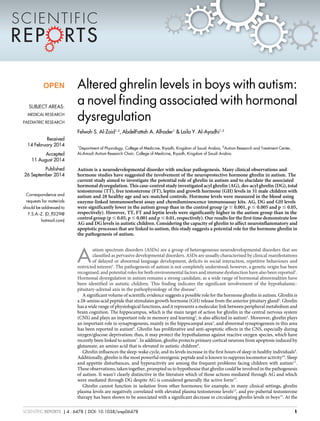 Altered ghrelin levels in boys with autism:
a novel finding associated with hormonal
dysregulation
Felwah S. Al-Zaid1,2
, AbdelFattah A. Alhader1
& Laila Y. Al-Ayadhi1,2
1
Department of Physiology, College of Medicine, Riyadh, Kingdom of Saudi Arabia, 2
Autism Research and Treatment Center,
AL-Amodi Autism Research Chair, College of Medicine, Riyadh, Kingdom of Saudi Arabia.
Autism is a neurodevelopmental disorder with unclear pathogenesis. Many clinical observations and
hormone studies have suggested the involvement of the neuroprotective hormone ghrelin in autism. The
current study aimed to investigate the potential role of ghrelin in autism and to elucidate the associated
hormonal dysregulation. This case-control study investigated acyl ghrelin (AG), des-acyl ghrelin (DG), total
testosterone (TT), free testosterone (FT), leptin and growth hormone (GH) levels in 31 male children with
autism and 28 healthy age and sex-matched controls. Hormone levels were measured in the blood using
enzyme-linked immunosorbent assay and chemiluminescence immunoassay kits. AG, DG and GH levels
were significantly lower in the autism group than in the control group (p # 0.001, p # 0.005 and p # 0.05,
respectively). However, TT, FT and leptin levels were significantly higher in the autism group than in the
control group (p # 0.05, p # 0.001 and p # 0.01, respectively). Our results for the first time demonstrate low
AG and DG levels in autistic children. Considering the capacity of ghrelin to affect neuroinflammatory and
apoptotic processes that are linked to autism, this study suggests a potential role for the hormone ghrelin in
the pathogenesis of autism.
A
utism spectrum disorders (ASDs) are a group of heterogeneous neurodevelopmental disorders that are
classified as pervasive developmental disorders. ASDs are usually characterised by clinical manifestations
of delayed or abnormal language development, deficits in social interaction, repetitive behaviours and
restricted interest1
. The pathogenesis of autism is not completely understood; however, a genetic origin has been
recognised, and potential roles for both environmental factors and immune dysfunction have also been reported1
.
Hormonal dysregulation in autism remains a strong candidate, as a wide range of hormonal abnormalities have
been identified in autistic children. This finding indicates the significant involvement of the hypothalamic-
pituitary-adrenal axis in the pathophysiology of the disease1
.
A significant volume of scientific evidence suggests a possible role for the hormone ghrelin in autism. Ghrelin is
a 28-amino acid peptide that stimulates growth hormone (GH) release from the anterior pituitary gland2
. Ghrelin
has a wide range of physiological functions, and it represents a molecular link between peripheral metabolism and
brain cognition. The hippocampus, which is the main target of action for ghrelin in the central nervous system
(CNS) and plays an important role in memory and learning3
, is also affected in autism4
. Moreover, ghrelin plays
an important role in synaptogenesis, mainly in the hippocampal area5
, and abnormal synaptogenesis in this area
has been reported in autism6
. Ghrelin has proliferative and anti-apoptotic effects in the CNS, especially during
oxygen/glucose deprivation; thus, it may protect the hypothalamus against reactive oxygen species, which have
recently been linked to autism7
. In addition, ghrelin protects primary cortical neurons from apoptosis induced by
glutamate, an amino acid that is elevated in autistic children8
.
Ghrelin influences the sleep-wake cycle, and its levels increase in the first hours of sleep in healthy individuals9
.
Additionally, ghrelin is the most powerful orexigenic peptide and is known to suppress locomotor activity10
. Sleep
and appetite disturbances, and hyperactivity are among the frequent problems facing children with autism11
.
These observations, taken together, prompted us to hypothesise that ghrelin could be involved in the pathogenesis
of autism. It wasn’t clearly distinctive in the literature which of those actions mediated through AG and which
were mediated through DG despite AG is considered generally the active form17
.
Ghrelin cannot function in isolation from other hormones; for example, in many clinical settings, ghrelin
plasma levels are negatively correlated with elevated plasma testosterone levels12
, and pre-pubertal testosterone
therapy has been shown to be associated with a significant decrease in circulating ghrelin levels in boys13
. At the
OPEN
SUBJECT AREAS:
MEDICAL RESEARCH
PAEDIATRIC RESEARCH
Received
14 February 2014
Accepted
11 August 2014
Published
26 September 2014
Correspondence and
requests for materials
should be addressed to
F.S.A.-Z. (D_fl329@
hotmail.com)
SCIENTIFIC REPORTS | 4 : 6478 | DOI: 10.1038/srep06478 1
 