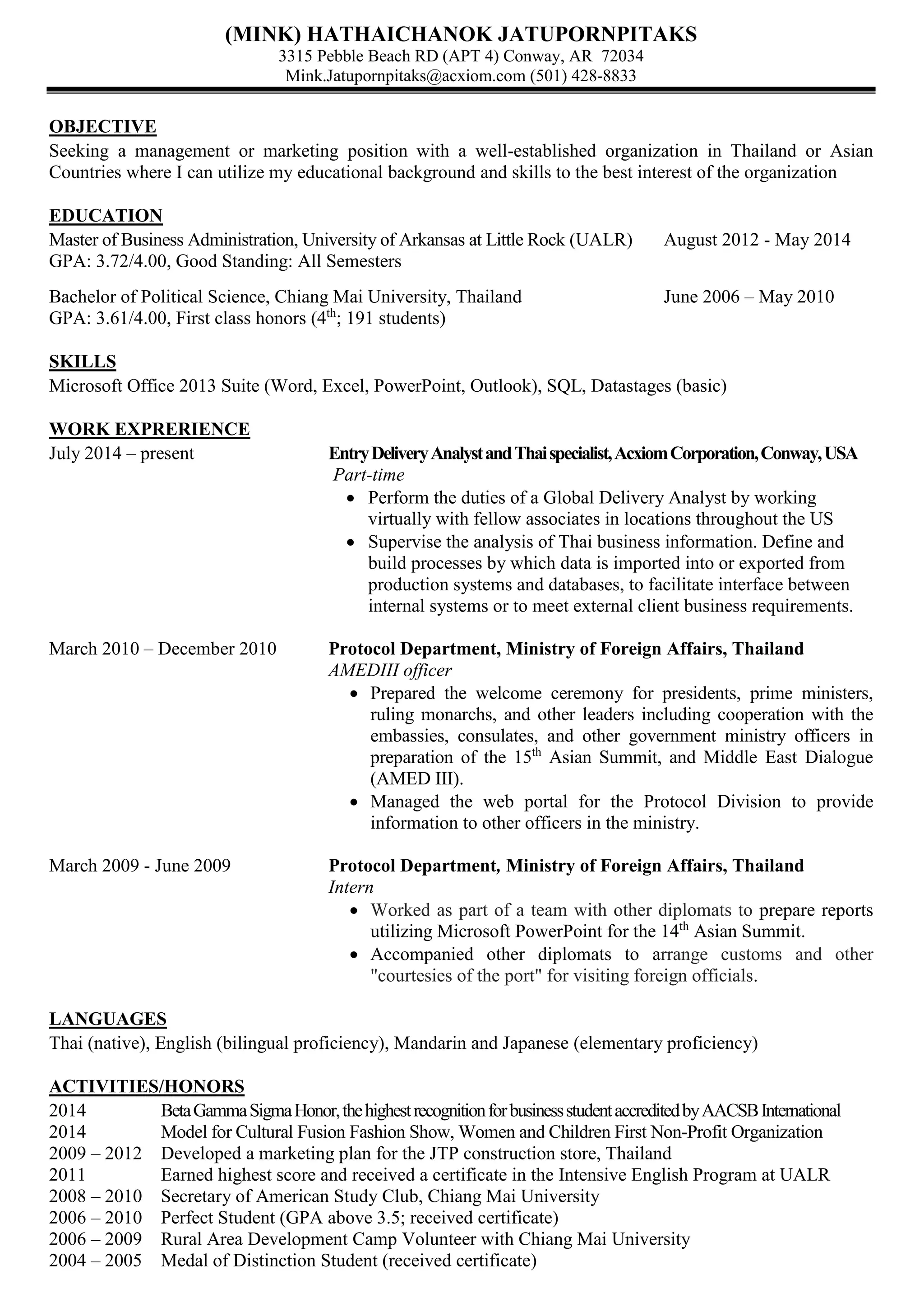 Mink Hathaichanok Jatupornpitaks Resume | PDF