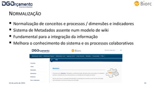 NORMALIZAÇÃO
 Normalização de conceitos e processos / dimensões e indicadores
 Sistema de Metadados assente num modelo de wiki
 Fundamental para a integração da informação
 Melhora o conhecimento do sistema e os processos colaborativos
16 de junho de 2015 10
 