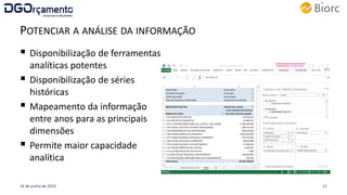 POTENCIAR A ANÁLISE DA INFORMAÇÃO
 Disponibilização de ferramentas
analíticas potentes
 Disponibilização de séries
históricas
 Mapeamento da informação
entre anos para as principais
dimensões
 Permite maior capacidade
analítica
16 de junho de 2015 11
 