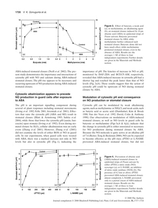 ABA-induced stomatal closure (Neill et al. 2002). The pre-
sent study demonstrates the importance and interactions of
cytosolic pH with NO and calcium during ABA-induced
stomatal closure. The pH rise appears to be necessary and
occurring upstream of NO production duringABA-induced
stomatal closure.
Cytosolic alkalinization appears to precede
NO production in guard cells after exposure
to ABA
The pH is an important signalling component during
several of plant responses including stomatal movements
(Irving et al. 1992; Felle 2001; Jeremiah et al. 2001). Effec-
tors that raise the cytosolic pH (ABA and MJ) result in
stomatal closure (Blatt & Armstrong 1993; Suhita et al.
2004), while those that lower the cytosolic pH (auxin, fusi-
coccin) open stomata (Irving et al. 1992). Even during sto-
matal closure by H2O2, cellular alkalinization was an early
event (Zhang et al. 2001). However, Zhang et al. (2001)
did not examine the levels of either ROS or NO in guard
cells. In our experiments, when guard cells were treated
with ABA, there was a marked increase not only in NO
levels but also in cytosolic pH (Fig. 1), indicating the
importance of pH. The kinetics of increase in NO or pH,
monitored by DAF-2DA and BCECF-AM, respectively,
revealed that ABA-induced increase in cytosolic pH had a
shorter lag and reached the peak faster than that of NO
levels (Fig. 2a,b). These results suggest that the action of
cytosolic pH could be upstream of NO during stomatal
closure by ABA.
Modulation of cytosolic pH and consequence
on NO production or stomatal closure
Cytosolic pH can be modulated by weak alkalinizing
agents, such as methylamine or NH4Cl, and weak acids, such
as butyric acid or acetic acid (Danthuluri, Kim & Brock
1990; Van der Veen et al. 1992; David, Colin & Anthony
1998). Our observations on modulation of ABA-induced
stomatal closure, as well as NO levels in guard cells by
butyrate or methylamine (Figs 3a,b & 6j,k), indicate that
the change in cytosolic pH is either associated or necessary
for NO production during stomatal closure by ABA.
Because the NO molecule is quite active at an alkaline pH
of 7.4 (Reiter,Teng & Beckman 2000), NO can be expected
to become effective as the pH rises. cPTIO or L-NAME
prevented ABA-induced stomatal closure, but did not
Figure 3. Effect of butyrate, a weak acid
(a), or methylamine, an alkalinizing agent
(b), on stomatal closure induced by 10 mm
abscisic acid (ABA) in epidermal strips of
Pisum sativum. Butyrate prevented
stomatal closure by ABA, while
methylamine further enhanced such
stomatal closure. Butyrate alone did not
have much effect, while methylamine
promoted stomatal closure, even in the
absence of ABA. Results are the
averages Ϯ SE of three to four
independent experiments. Further details
are given in the Materials and Methods
section.
Figure 4. Prevention of abscisic acid
(ABA)-induced stomatal closure in
epidermal strips of Pisum sativum by
either cPTIO, a nitric oxide (NO)
scavenger (a), or L-NAME, an inhibitor
of nitric oxide synthase (NOS) (b). The
presence of 0.2 mm or above cPTIO
prevented ABA-induced stomatal closure
almost completely. L-NAME prevented
only to a partial extent of ABA-induced
stomatal closure. Results are the
averages Ϯ SE of three to four
independent experiments. Further details
are given in the Materials and Methods
section.
1720 V. K. Gonugunta et al.
© 2008 The Authors
Journal compilation © 2008 Blackwell Publishing Ltd, Plant, Cell and Environment, 31, 1717–1724
 
