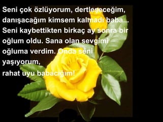 Seni çok özlüyorum, dertleşeceğim,
danışacağım kimsem kalmadı baba...
Seni kaybettikten birkaç ay sonra bir
oğlum oldu. Sana olan sevgimi
oğluma verdim. Onda seni
yaşıyorum,
rahat uyu babacığım!
 