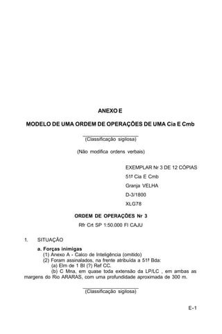 E-1 
C 5-10 
ANEXO E 
MODELO DE UMA ORDEM DE OPERAÇÕES DE UMA Cia E Cmb 
____________________ 
(Classificação sigilosa) 
(Não modifica ordens verbais) 
EXEMPLAR Nr 3 DE 12 CÓPIAS 
51ª Cia E Cmb 
Granja VELHA 
D-3/1800 
XLG78 
ORDEM DE OPERAÇÕES Nr 3 
Rfr Crt SP 1:50.000 Fl CAJU 
1. SITUAÇÃO 
a. Forças inimigas 
(1) Anexo A - Calco de Inteligência (omitido) 
(2) Foram assinalados, na frente atribuída a 51ª Bda: 
(a) Elm de 1 BI (?) Ref CC. 
(b) C Mna, em quase toda extensão da LP/LC , em ambas as 
margens do Rio ARARAS, com uma profundidade aproximada de 300 m. 
____________________ 
(Classificação sigilosa) 
 