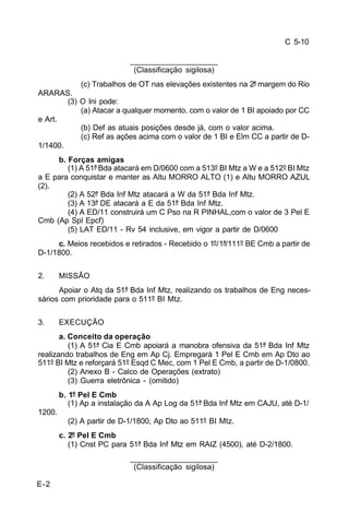 C 5-10 
E-2 
____________________ 
(Classificação sigilosa) 
(c) Trabalhos de OT nas elevações existentes na 2ª margem do Rio 
ARARAS. 
(3) O Ini pode: 
(a) Atacar a qualquer momento, com o valor de 1 BI apoiado por CC 
e Art. 
(b) Def as atuais posições desde já, com o valor acima. 
(c) Ref as ações acima com o valor de 1 BI e Elm CC a partir de D- 
1/1400. 
b. Forças amigas 
(1) A 51ª Bda atacará em D/0600 com a 513º BI Mtz a W e a 512º BI Mtz 
a E para conquistar e manter as Altu MORRO ALTO (1) e Altu MORRO AZUL 
(2). 
(2) A 52ª Bda Inf Mtz atacará a W da 51ª Bda Inf Mtz. 
(3) A 13ª DE atacará a E da 51ª Bda Inf Mtz. 
(4) A ED/11 construirá um C Pso na R PINHAL,com o valor de 3 Pel E 
Cmb (Ap Spl Epcf) 
(5) LAT ED/11 - Rv 54 inclusive, em vigor a partir de D/0600 
c. Meios recebidos e retirados - Recebido o 1º/1ª/111º BE Cmb a partir de 
D-1/1800. 
2. MISSÃO 
Apoiar o Atq da 51ª Bda Inf Mtz, realizando os trabalhos de Eng neces-sários 
com prioridade para o 511º BI Mtz. 
3. EXECUÇÃO 
a. Conceito da operação 
(1) A 51ª Cia E Cmb apoiará a manobra ofensiva da 51ª Bda Inf Mtz 
realizando trabalhos de Eng em Ap Cj. Empregará 1 Pel E Cmb em Ap Dto ao 
511º BI Mtz e reforçará 51º Esqd C Mec, com 1 Pel E Cmb, a partir de D-1/0800. 
(2) Anexo B - Calco de Operações (extrato) 
(3) Guerra eletrônica - (omitido) 
b. 1º Pel E Cmb 
(1) Ap a instalação da A Ap Log da 51ª Bda Inf Mtz em CAJU, até D-1/ 
1200. 
(2) A partir de D-1/1800, Ap Dto ao 511º BI Mtz. 
c. 2º Pel E Cmb 
(1) Cnst PC para 51ª Bda Inf Mtz em RAIZ (4500), até D-2/1800. 
____________________ 
(Classificação sigilosa) 
 