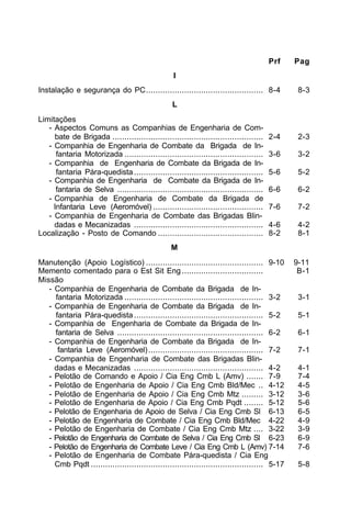 Prf Pag 
I 
Instalação e segurança do PC................................................. 8-4 8-3 
L 
Limitações 
- Aspectos Comuns as Companhias de Engenharia de Com-bate 
de Brigada ............................................................... 2-4 2-3 
- Companhia de Engenharia de Combate da Brigada de In-fantaria 
Motorizada .......................................................... 3-6 3-2 
- Companhia de Engenharia de Combate da Brigada de In-fantaria 
Pára-quedista ...................................................... 5-6 5-2 
- Companhia de Engenharia de Combate da Brigada de In-fantaria 
de Selva ............................................................. 6-6 6-2 
- Companhia de Engenharia de Combate da Brigada de 
Infantaria Leve (Aeromóvel) .............................................. 7-6 7-2 
- Companhia de Engenharia de Combate das Brigadas Blin-dadas 
e Mecanizadas ...................................................... 4-6 4-2 
Localização - Posto de Comando ............................................ 8-2 8-1 
M 
Manutenção (Apoio Logístico) ................................................. 9-10 9-11 
Memento comentado para o Est Sit Eng .................................. B-1 
Missão 
- Companhia de Engenharia de Combate da Brigada de In-fantaria 
Motorizada .......................................................... 3-2 3-1 
- Companhia de Engenharia de Combate da Brigada de In-fantaria 
Pára-quedista ...................................................... 5-2 5-1 
- Companhia de Engenharia de Combate da Brigada de In-fantaria 
de Selva ............................................................. 6-2 6-1 
- Companhia de Engenharia de Combate da Brigada de In-fantaria 
Leve (Aeromóvel) ................................................ 7-2 7-1 
- Companhia de Engenharia de Combate das Brigadas Blin-dadas 
e Mecanizadas ...................................................... 4-2 4-1 
- Pelotão de Comando e Apoio / Cia Eng Cmb L (Amv) ....... 7-9 7-4 
- Pelotão de Engenharia de Apoio / Cia Eng Cmb Bld/Mec .. 4-12 4-5 
- Pelotão de Engenharia de Apoio / Cia Eng Cmb Mtz ......... 3-12 3-6 
- Pelotão de Engenharia de Apoio / Cia Eng Cmb Pqdt ........ 5-12 5-6 
- Pelotão de Engenharia de Apoio de Selva / Cia Eng Cmb Sl 6-13 6-5 
- Pelotão de Engenharia de Combate / Cia Eng Cmb Bld/Mec 4-22 4-9 
- Pelotão de Engenharia de Combate / Cia Eng Cmb Mtz .... 3-22 3-9 
- Pelotão de Engenharia de Combate de Selva / Cia Eng Cmb Sl 6-23 6-9 
- Pelotão de Engenharia de Combate Leve / Cia Eng Cmb L (Amv) 7-14 7-6 
- Pelotão de Engenharia de Combate Pára-quedista / Cia Eng 
Cmb Pqdt ........................................................................ 5-17 5-8 
 