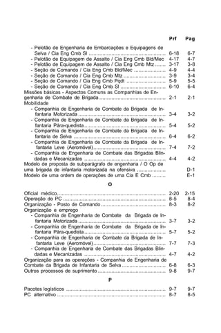 Prf Pag 
- Pelotão de Engenharia de Embarcações e Equipagens de 
Selva / Cia Eng Cmb Sl ................................................... 6-18 6-7 
- Pelotão de Equipagem de Assalto / Cia Eng Cmb Bld/Mec 4-17 4-7 
- Pelotão de Equipagem de Assalto / Cia Eng Cmb Mtz ....... 3-17 3-8 
- Seção de Comando / Cia Eng Cmb Bld/Mec ..................... 4-9 4-4 
- Seção de Comando / Cia Eng Cmb Mtz ............................ 3-9 3-4 
- Seção de Comando / Cia Eng Cmb Pqdt .......................... 5-9 5-5 
- Seção de Comando / Cia Eng Cmb Sl .............................. 6-10 6-4 
Missões básicas - Aspectos Comuns as Companhias de En-genharia 
de Combate de Brigada ............................................ 2-1 2-1 
Mobilidade 
- Companhia de Engenharia de Combate da Brigada de In-fantaria 
Motorizada .......................................................... 3-4 3-2 
- Companhia de Engenharia de Combate da Brigada de In-fantaria 
Pára-quedista ...................................................... 5-4 5-2 
- Companhia de Engenharia de Combate da Brigada de In-fantaria 
de Selva ............................................................. 6-4 6-2 
- Companhia de Engenharia de Combate da Brigada de In-fantaria 
Leve (Aeromóvel) ................................................ 7-4 7-2 
- Companhia de Engenharia de Combate das Brigadas Blin-dadas 
e Mecanizadas ...................................................... 4-4 4-2 
Modelo de proposta de subparágrafo de engenharia / O Op de 
uma brigada de infantaria motorizada na ofensiva ................... D-1 
Modelo de uma ordem de operações de uma Cia E Cmb ......... E-1 
O 
Oficial médico........................................................................ 2-20 2-15 
Operação do PC .................................................................... 8-5 8-4 
Organização - Posto de Comando ........................................... 8-3 8-2 
Organização e emprego 
- Companhia de Engenharia de Combate da Brigada de In-fantaria 
Motorizada .......................................................... 3-7 3-2 
- Companhia de Engenharia de Combate da Brigada de In-fantaria 
Pára-quedista ...................................................... 5-7 5-2 
- Companhia de Engenharia de Combate da Brigada de In-fantaria 
Leve (Aeromóvel) ................................................ 7-7 7-3 
- Companhia de Engenharia de Combate das Brigadas Blin-dadas 
e Mecanizadas ...................................................... 4-7 4-2 
Organização para as operações - Companhia de Engenharia de 
Combate da Brigada de Infantaria de Selva ............................. 6-8 6-3 
Outros processos de suprimento ............................................. 9-8 9-7 
P 
Pacotes logísticos .................................................................. 9-7 9-7 
PC alternativo ........................................................................ 8-7 8-5 
 