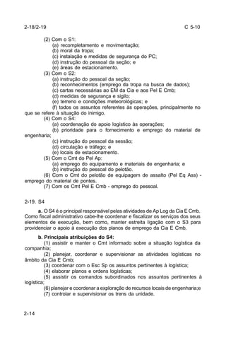 C 5-10 
2-18/2-19 
2-14 
(2) Com o S1: 
(a) recompletamento e movimentação; 
(b) moral da tropa; 
(c) instalação e medidas de segurança do PC; 
(d) instrução do pessoal da seção; e 
(e) áreas de estacionamento. 
(3) Com o S2: 
(a) instrução do pessoal da seção; 
(b) reconhecimentos (emprego da tropa na busca de dados); 
(c) cartas necessárias ao EM da Cia e aos Pel E Cmb; 
(d) medidas de segurança e sigilo; 
(e) terreno e condições meteorológicas; e 
(f) todos os assuntos referentes às operações, principalmente no 
que se refere à situação do inimigo. 
(4) Com o S4: 
(a) coordenação do apoio logístico às operações; 
(b) prioridade para o fornecimento e emprego do material de 
engenharia; 
(c) instrução do pessoal da sessão; 
(d) circulação e tráfego; e 
(e) locais de estacionamento. 
(5) Com o Cmt do Pel Ap: 
(a) emprego do equipamento e materiais de engenharia; e 
(b) instrução do pessoal do pelotão. 
(6) Com o Cmt do pelotão de equipagem de assalto (Pel Eq Ass) - 
emprego do material de pontes. 
(7) Com os Cmt Pel E Cmb - emprego do pessoal. 
2-19. S4 
a. O S4 é o principal responsável pelas atividades de Ap Log da Cia E Cmb. 
Como fiscal administrativo cabe-lhe coordenar e fiscalizar os serviços dos seus 
elementos de execução, bem como, manter estreita ligação com o S3 para 
providenciar o apoio à execução dos planos de emprego da Cia E Cmb. 
b. Principais atribuições do S4: 
(1) assistir e manter o Cmt informado sobre a situação logística da 
companhia; 
(2) planejar, coordenar e supervisionar as atividades logísticas no 
âmbito da Cia E Cmb; 
(3) coordenar com o Esc Sp os assuntos pertinentes à logística; 
(4) elaborar planos e ordens logísticas; 
(5) assistir os comandos subordinados nos assuntos pertinentes à 
logística; 
(6) planejar e coordenar a exploração de recursos locais de engenharia;e 
(7) controlar e supervisionar os trens da unidade. 
 