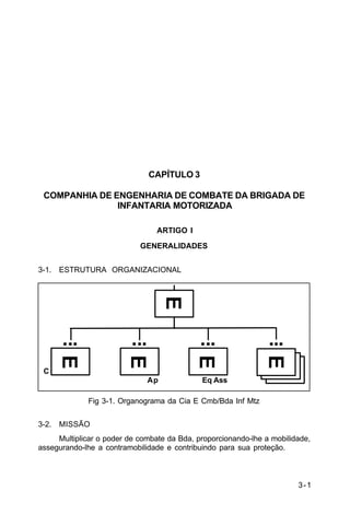 3-1 
C 5-10 
CAPÍTULO 3 
COMPANHIA DE ENGENHARIA DE COMBATE DA BRIGADA DE 
INFANTARIA MOTORIZADA 
ARTIGO I 
GENERALIDADES 
3-1. ESTRUTURA ORGANIZACIONAL 
E 
E Eq Ass 
Ap 
E 
Fig 3-1. Organograma da Cia E Cmb/Bda Inf Mtz 
C 
E 
3-2. MISSÃO 
E 
Multiplicar o poder de combate da Bda, proporcionando-lhe a mobilidade, 
assegurando-lhe a contramobilidade e contribuindo para sua proteção. 
 